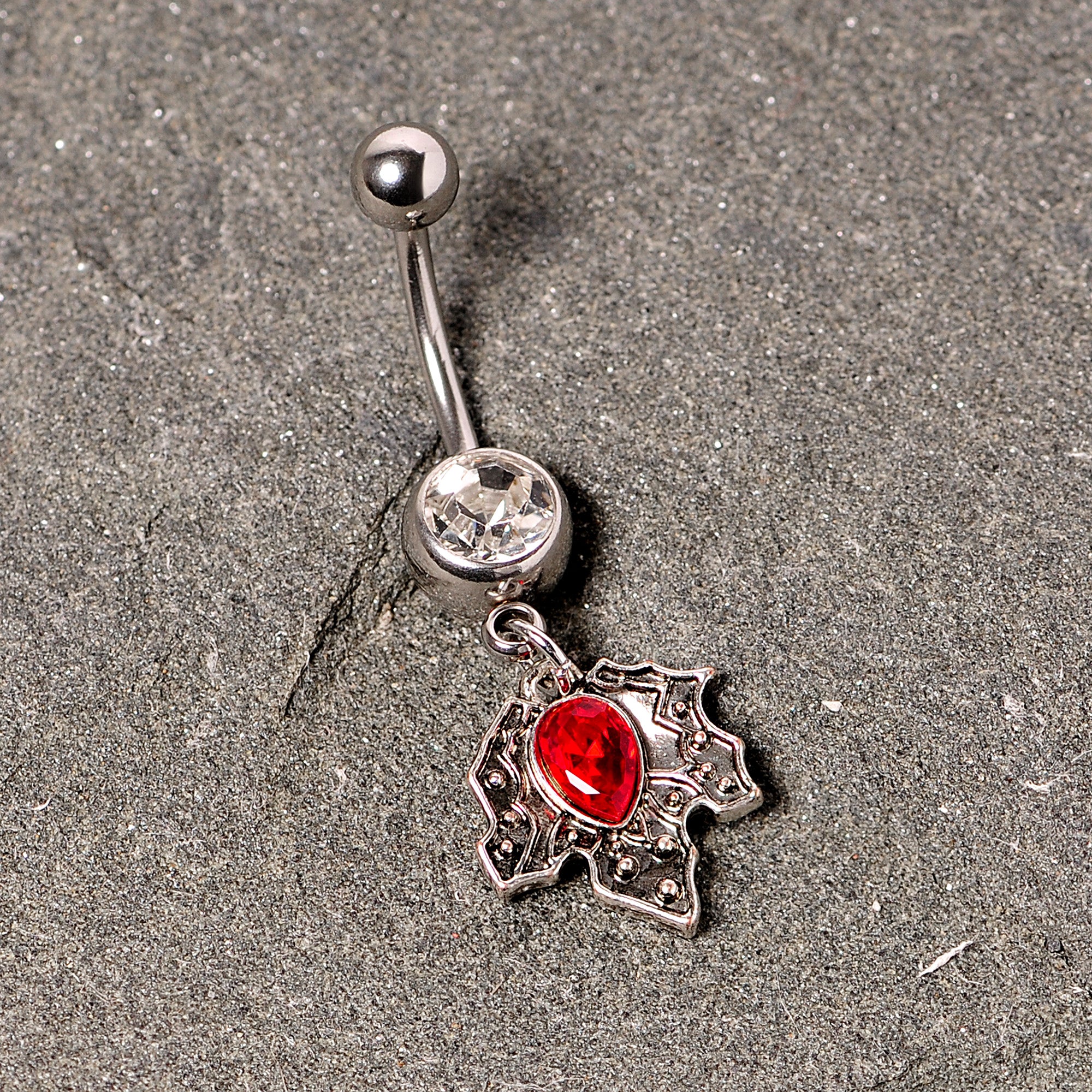 Clear Red Gem Holiday Holly Leaf Christmas Dangle Belly Ring