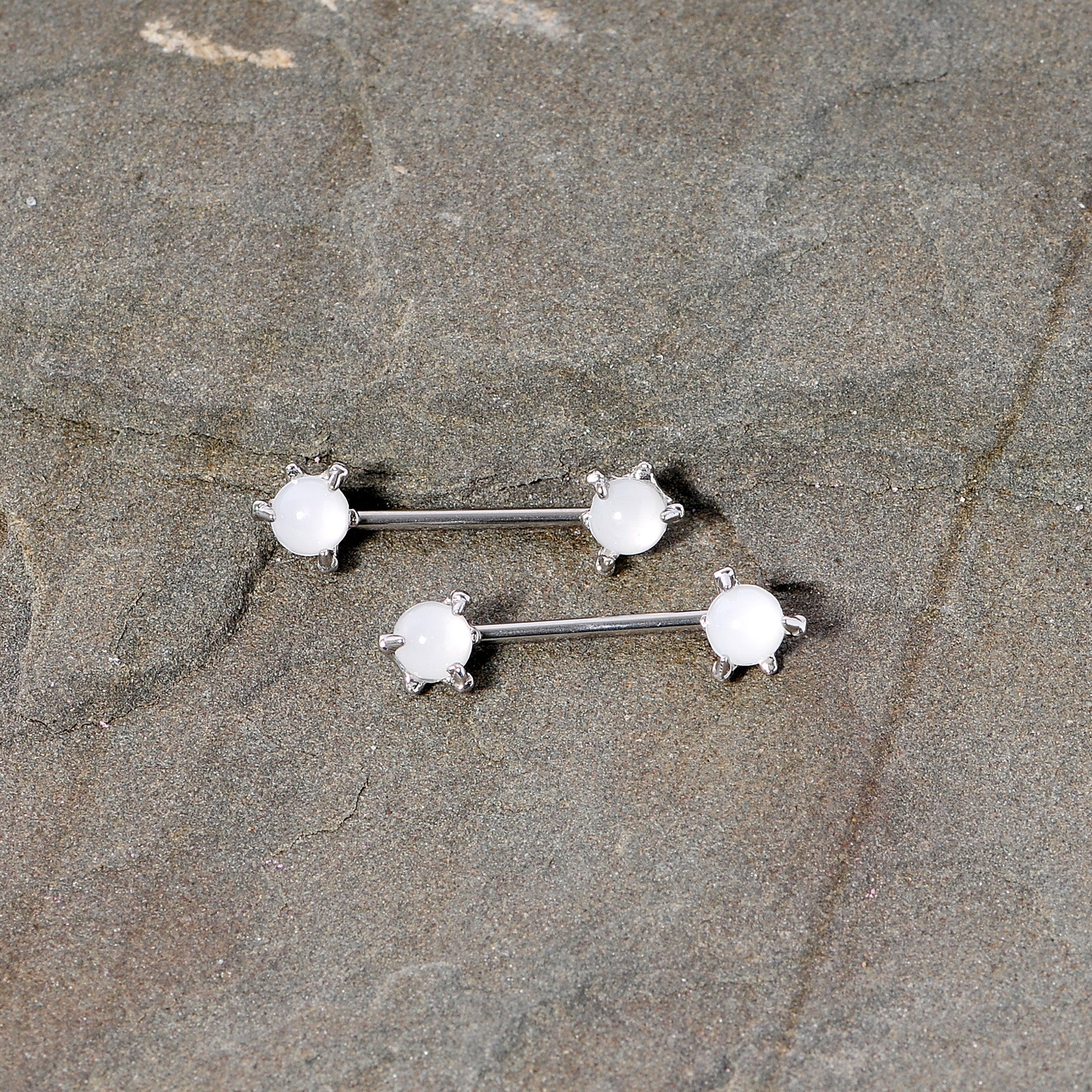 14G 5/8 White Faux Opal Dragon Claw Barbell Nipple Ring Set