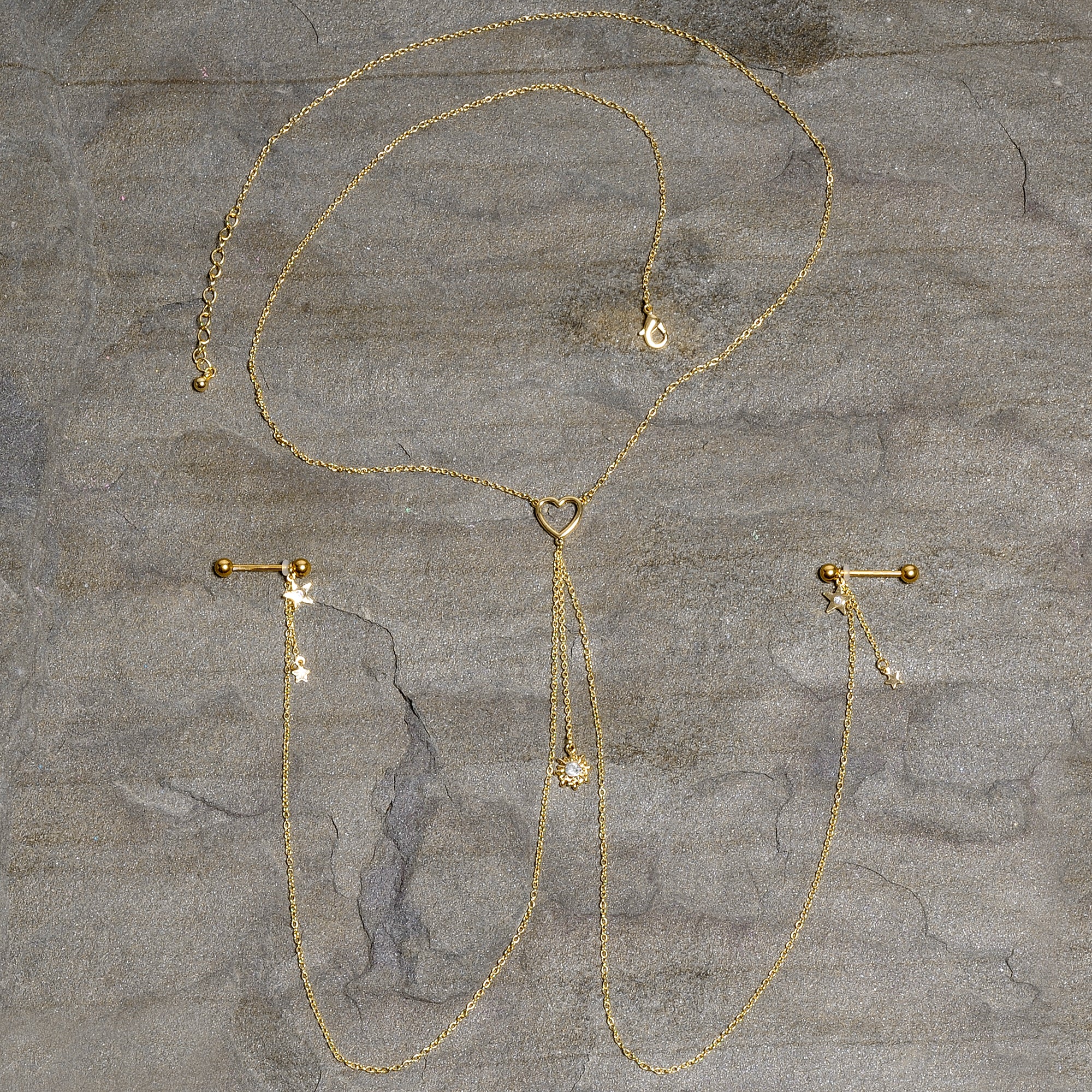 14G 5/8 Clear Gem Gold Tone Sun Heart Star Nipple Chain Necklace