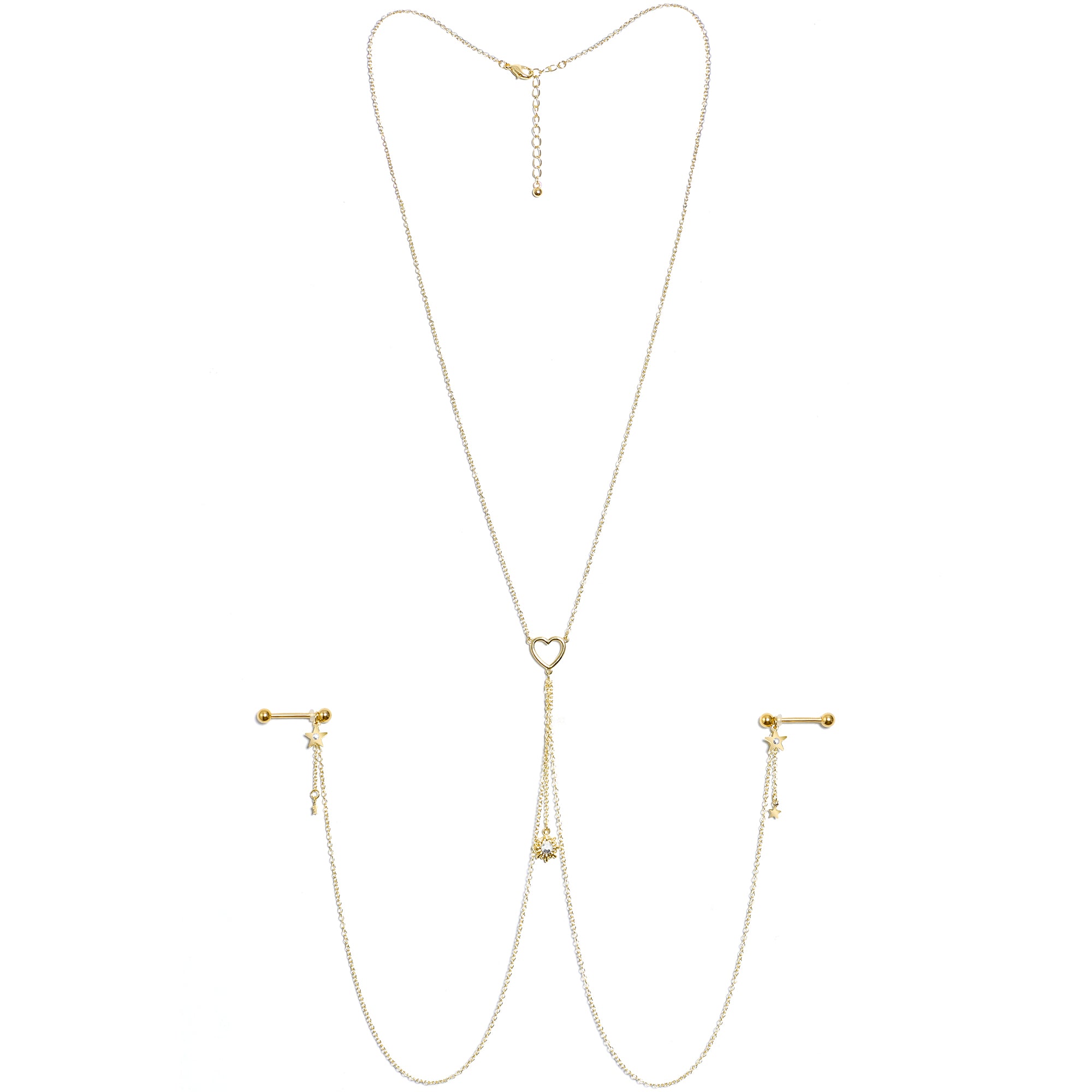 14G 5/8 Clear Gem Gold Tone Sun Heart Star Nipple Chain Necklace