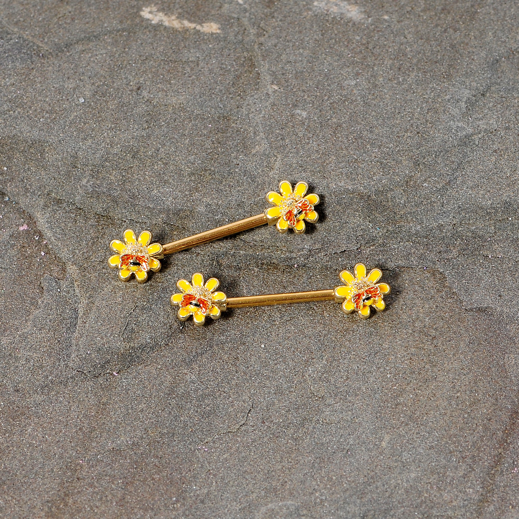 14G 9/16 Yellow Red Gold Tone Bee Flower Barbell Nipple Ring Set