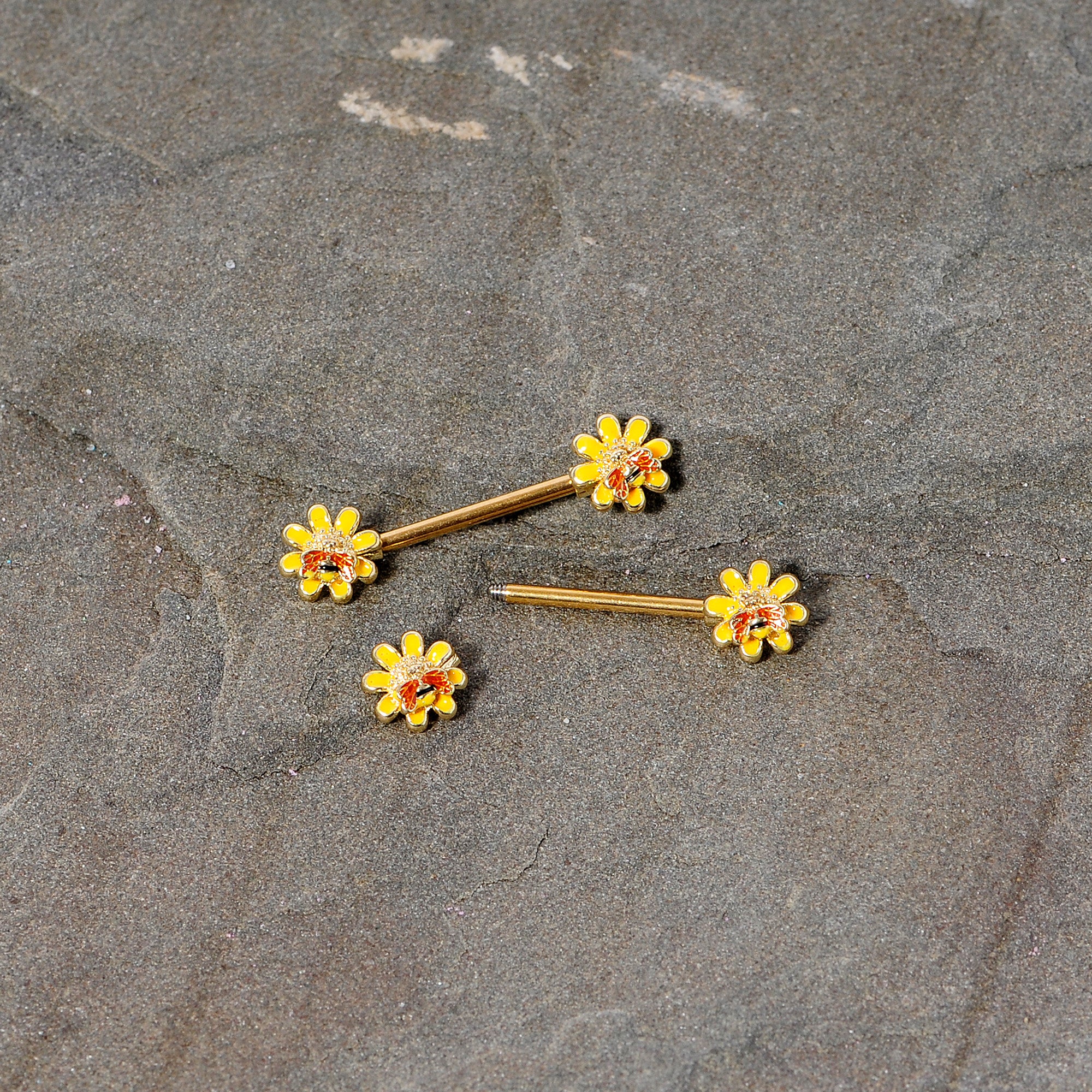 14G 9/16 Yellow Red Gold Tone Bee Flower Barbell Nipple Ring Set