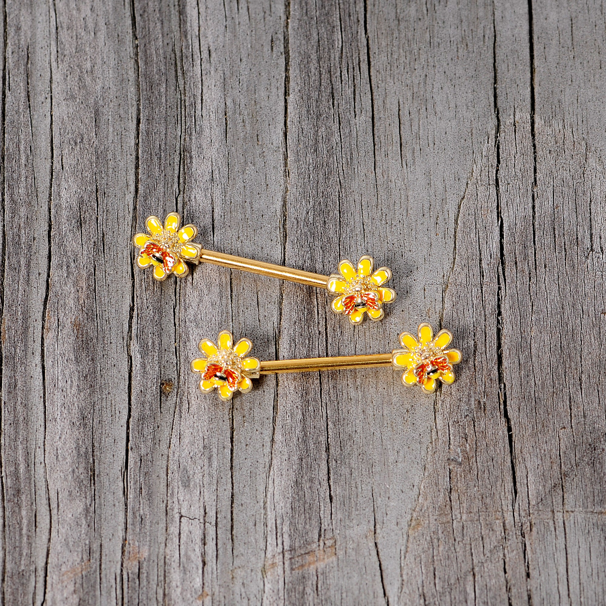 14G 9/16 Yellow Red Gold Tone Bee Flower Barbell Nipple Ring Set