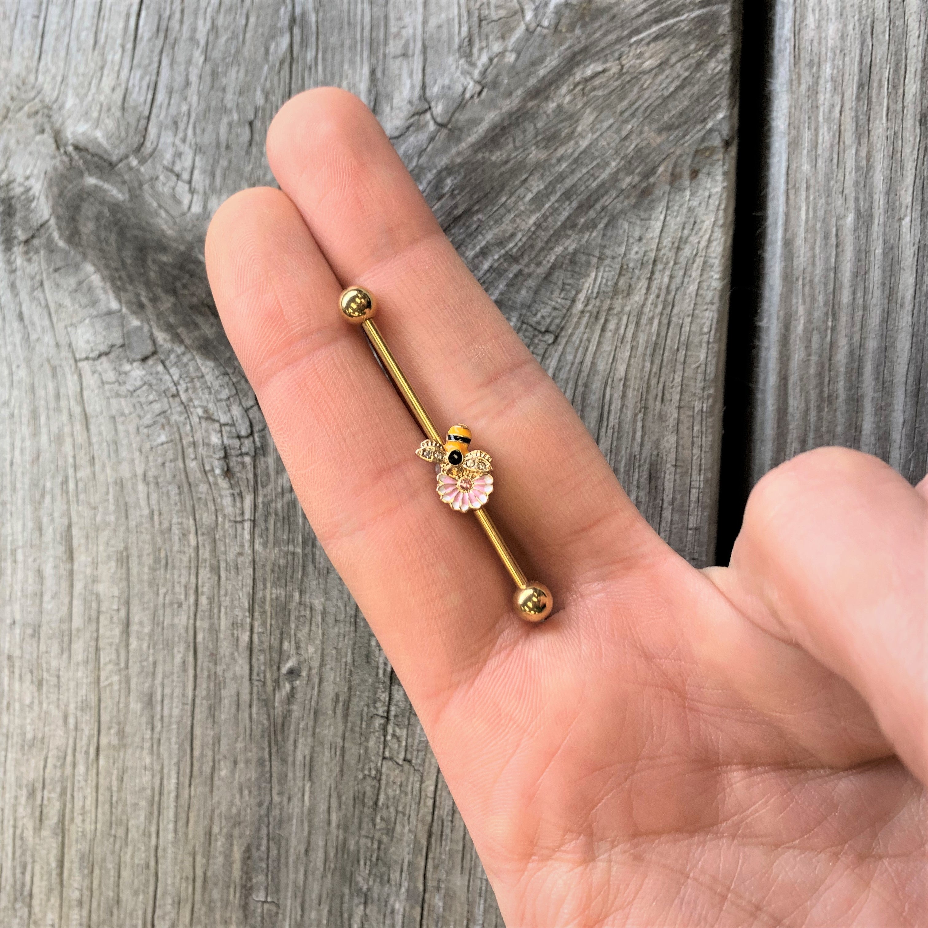 14G Pink Clear Gem Gold Tone Bee Blossom Industrial Barbell 38mm