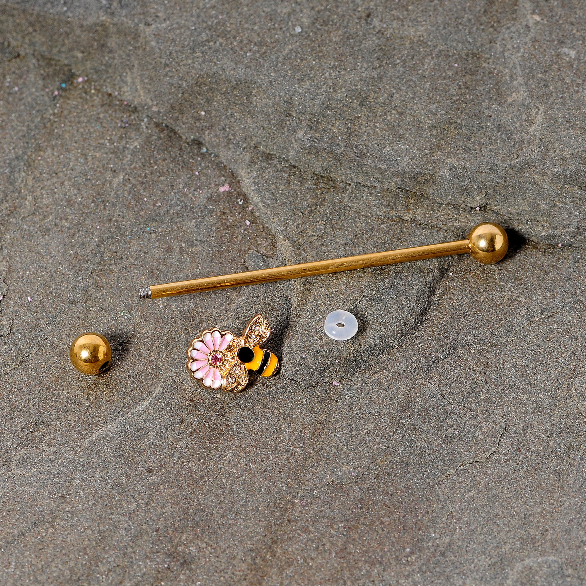 14G Pink Clear Gem Gold Tone Bee Blossom Industrial Barbell 38mm