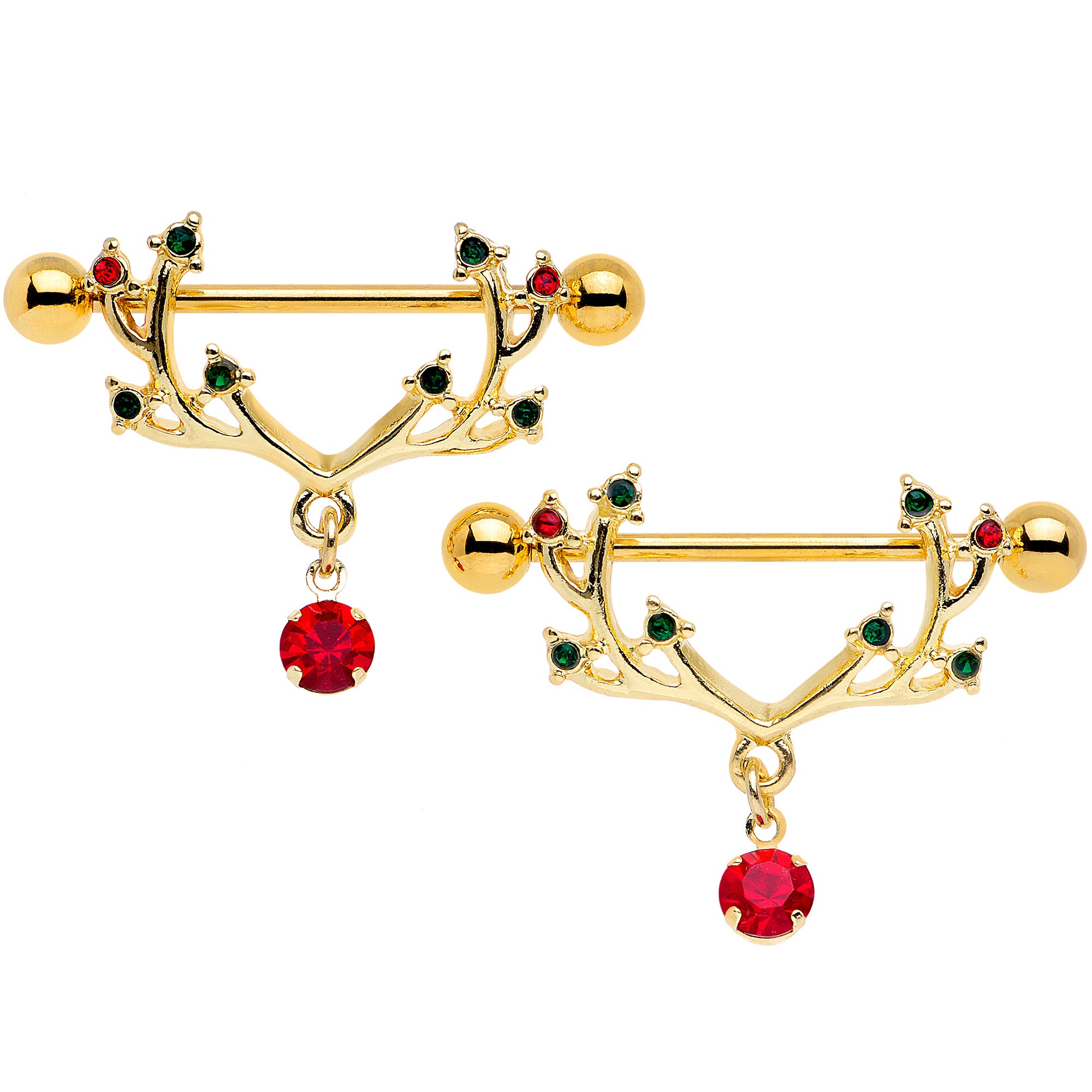 14G 25mm Red Green Gem Reindeer Antler Holiday Nipple Shield Set