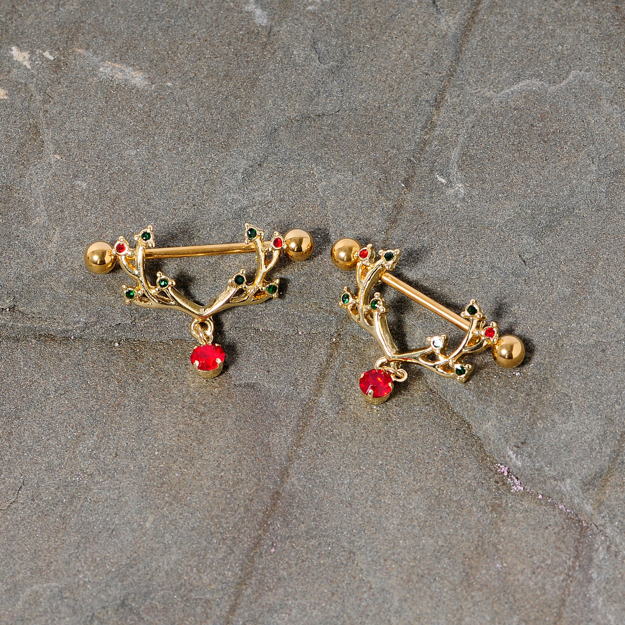 14G 25mm Red Green Gem Reindeer Antler Holiday Nipple Shield Set