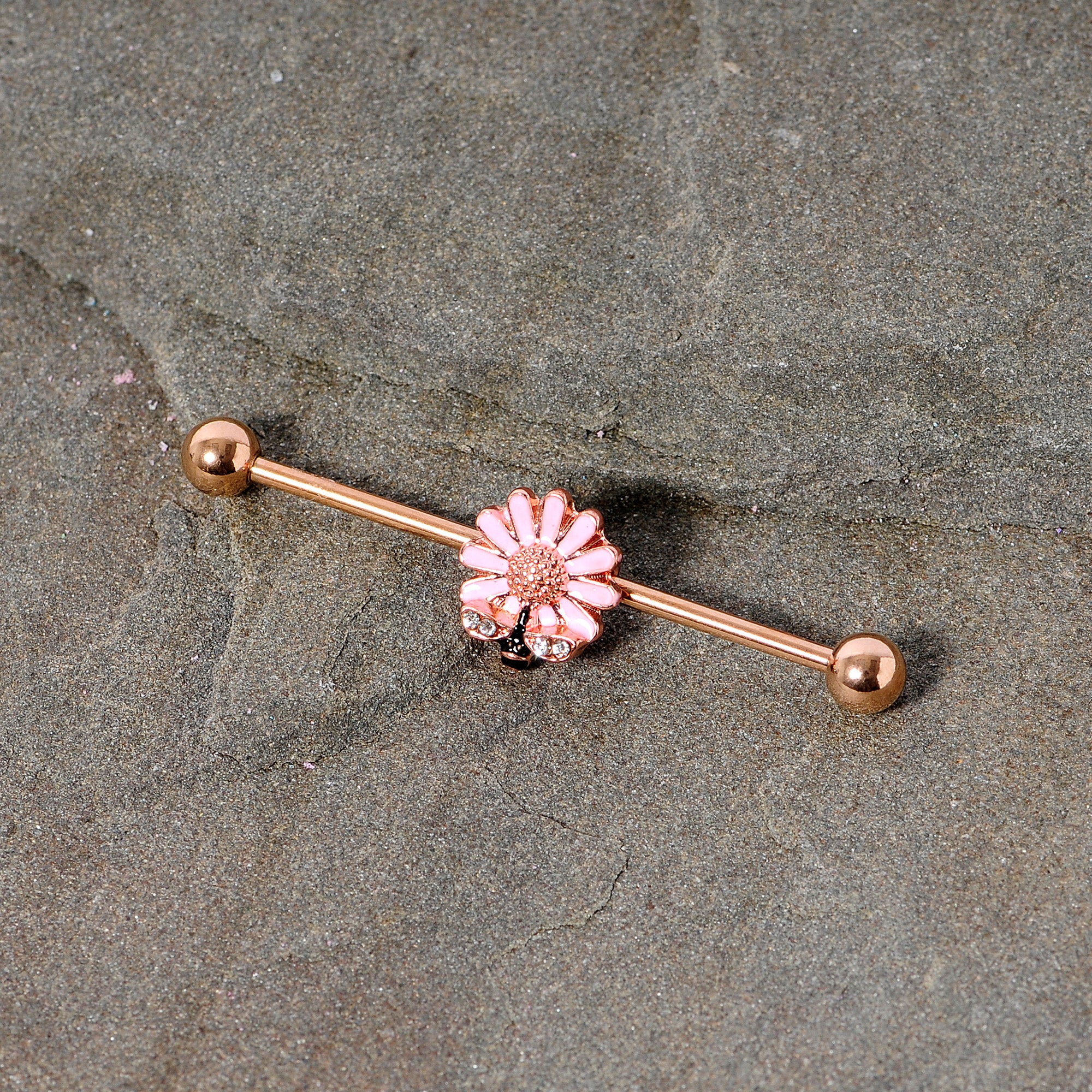 14G Clear Gem Rose Gold Tone Flower Bee Industrial Barbell 38mm