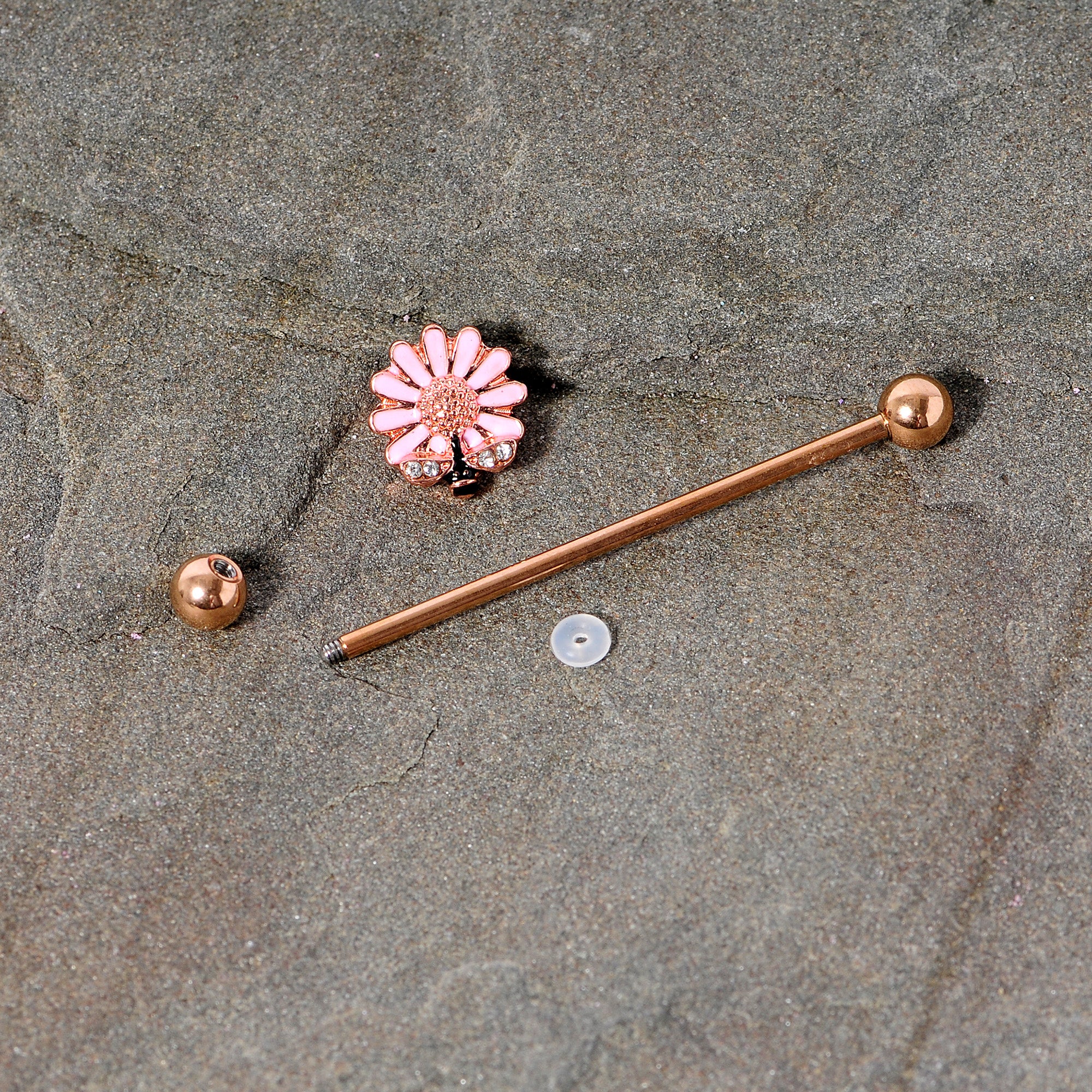14G Clear Gem Rose Gold Tone Flower Bee Industrial Barbell 38mm