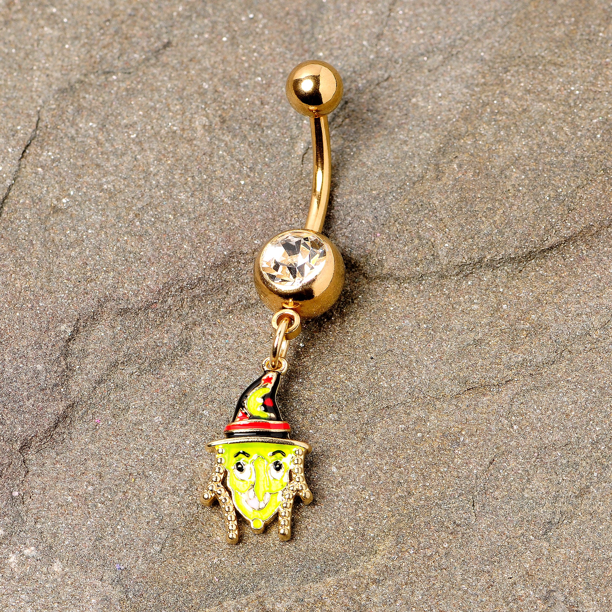 Clear Gem Gold Tone Green Witch Halloween Dangle Belly Ring