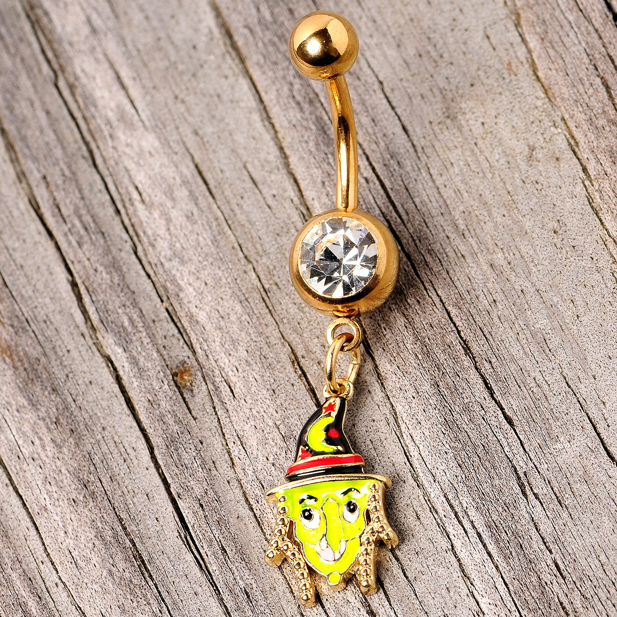 Clear Gem Gold Tone Green Witch Halloween Dangle Belly Ring