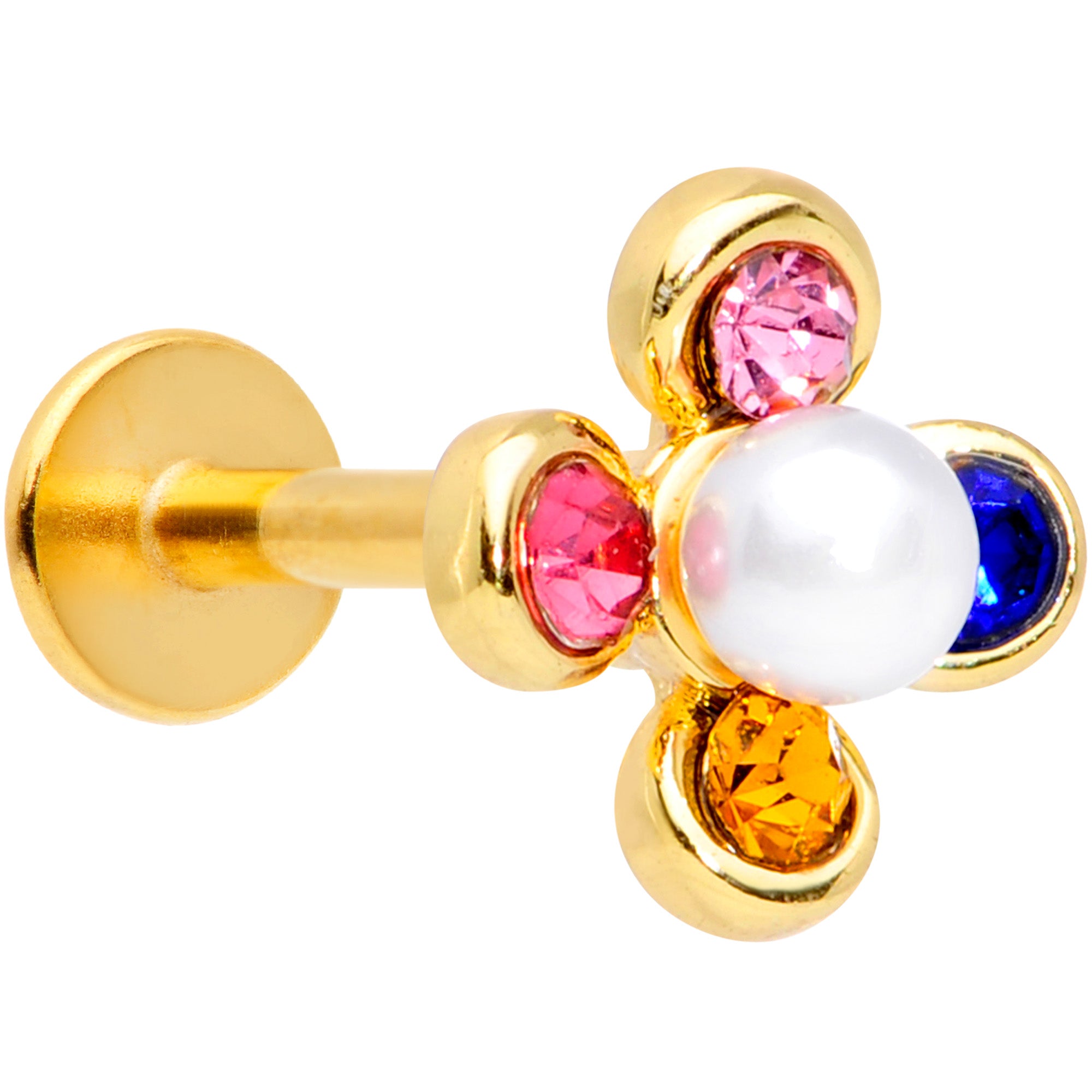 16G 5/16 Pink Blue Gem Gold Tone Flower Labret Monroe Tragus