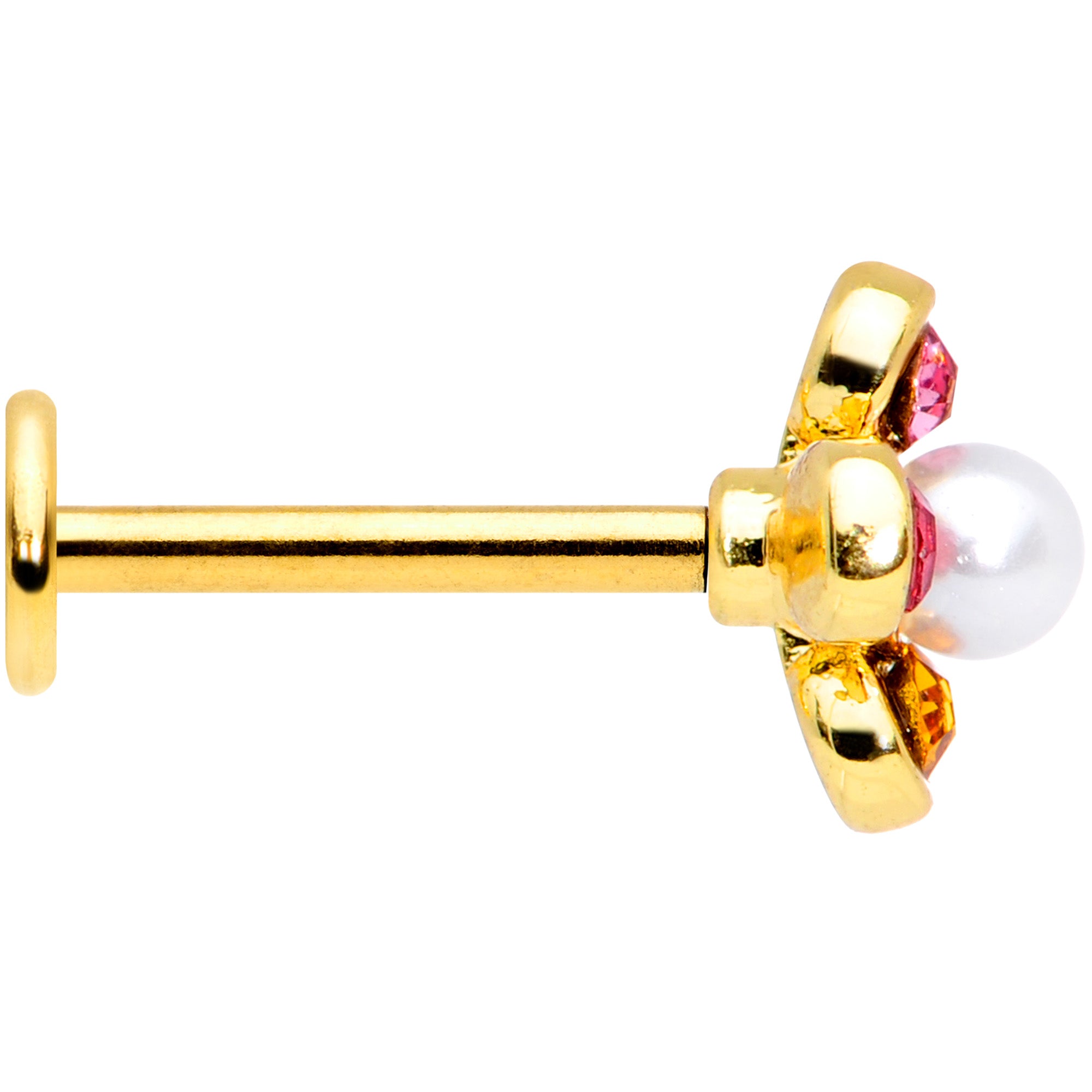 16G 5/16 Pink Blue Gem Gold Tone Flower Labret Monroe Tragus