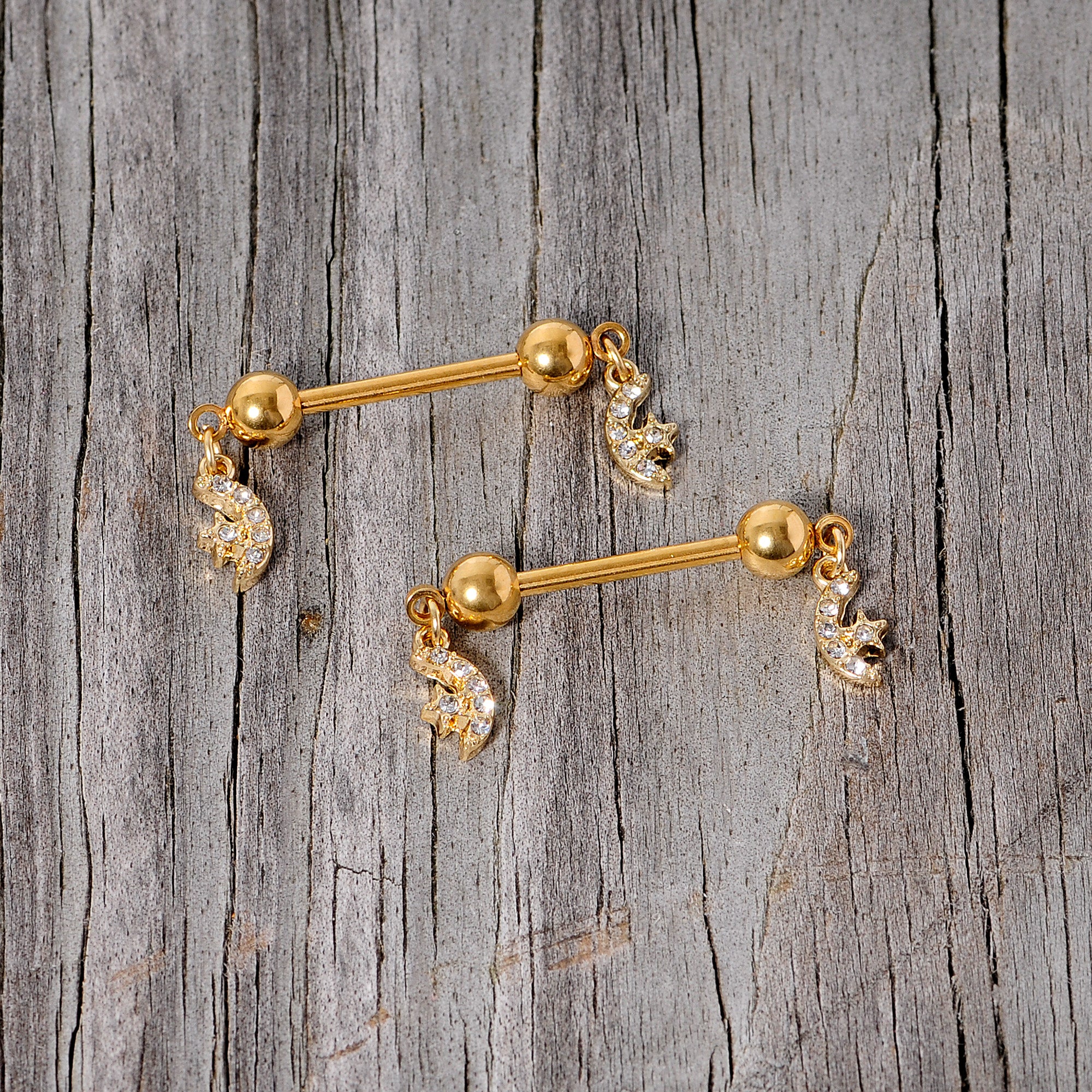 14G 9/16 Clear Gem Gold Tone Moon Dangle Barbell Nipple Ring Set
