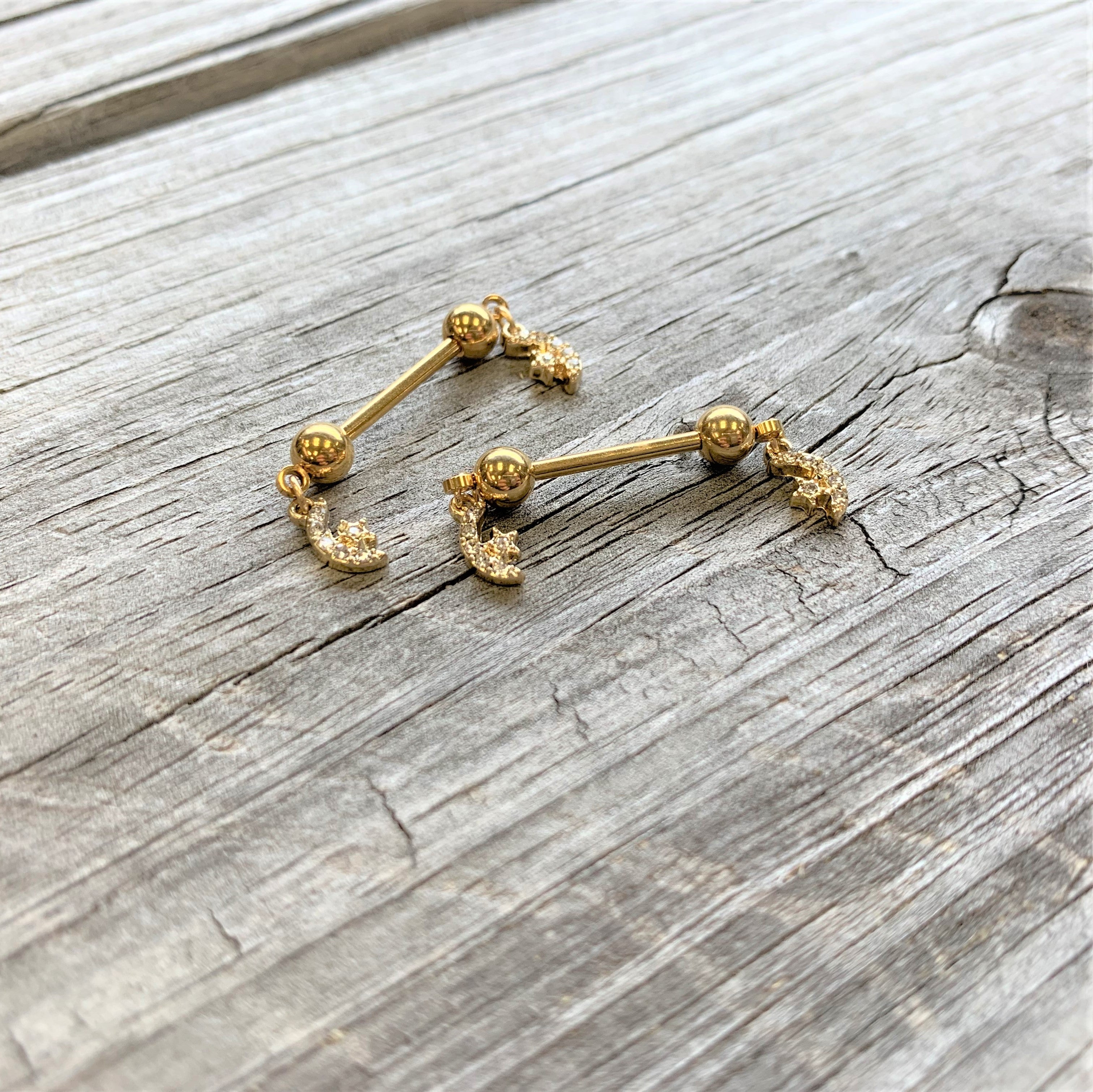 14G 9/16 Clear Gem Gold Tone Moon Dangle Barbell Nipple Ring Set