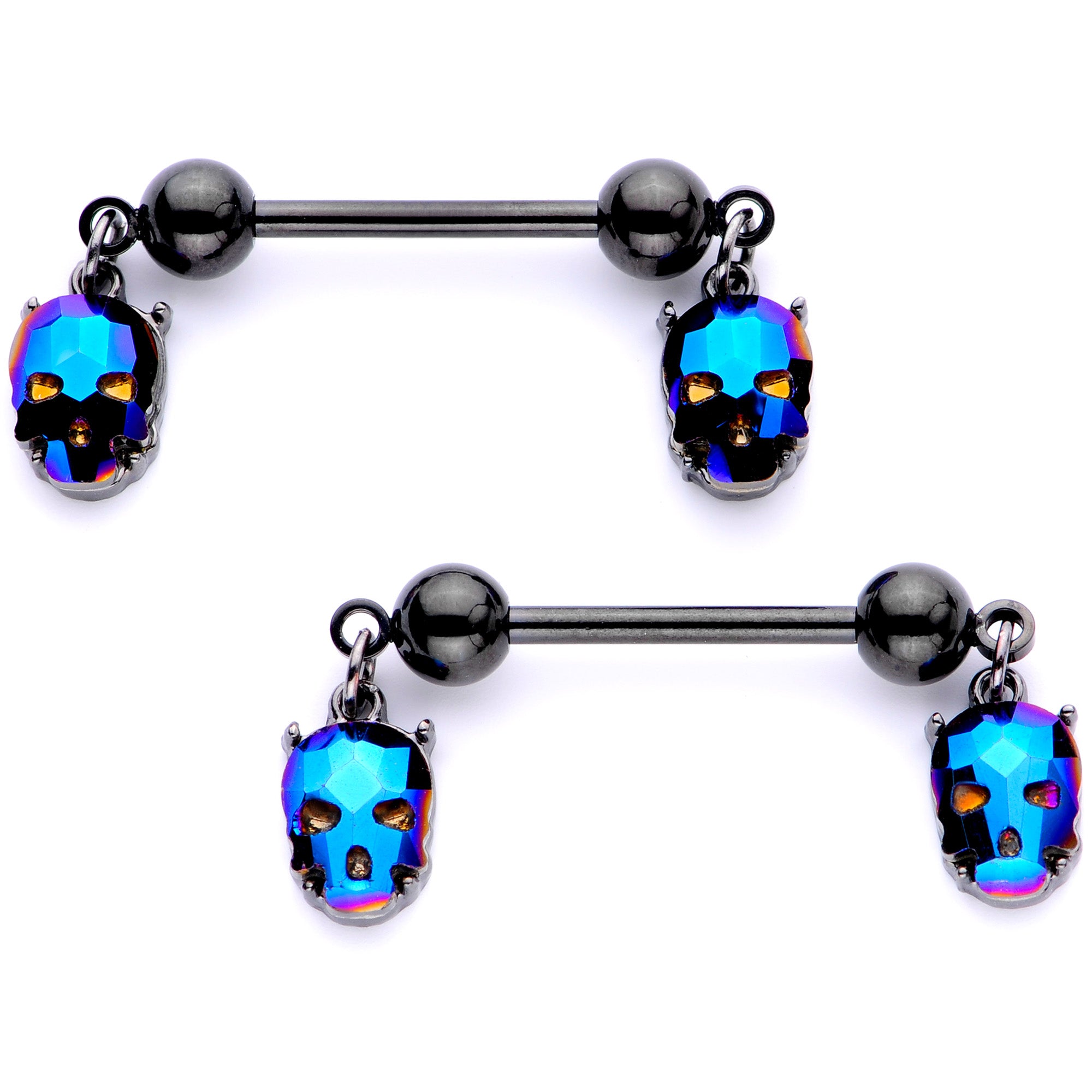 14 Gauge 9/16 Blue Gem Sugar Skull Halloween Dangle Nipple Ring Set
