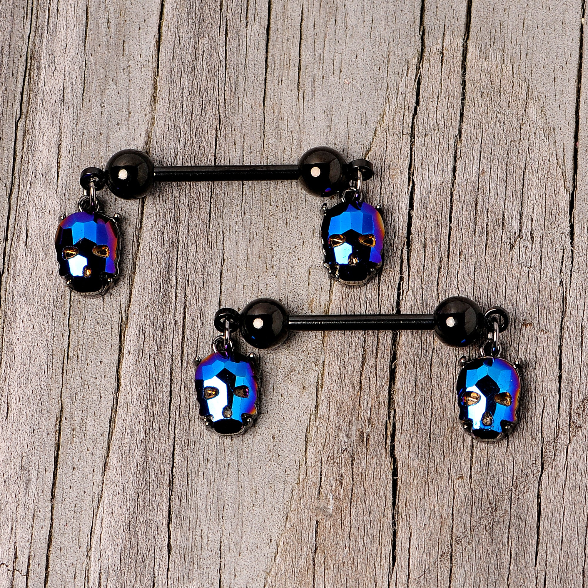 14G 9/16 Blue Gem Sugar Skull Halloween Dangle Nipple Ring Set