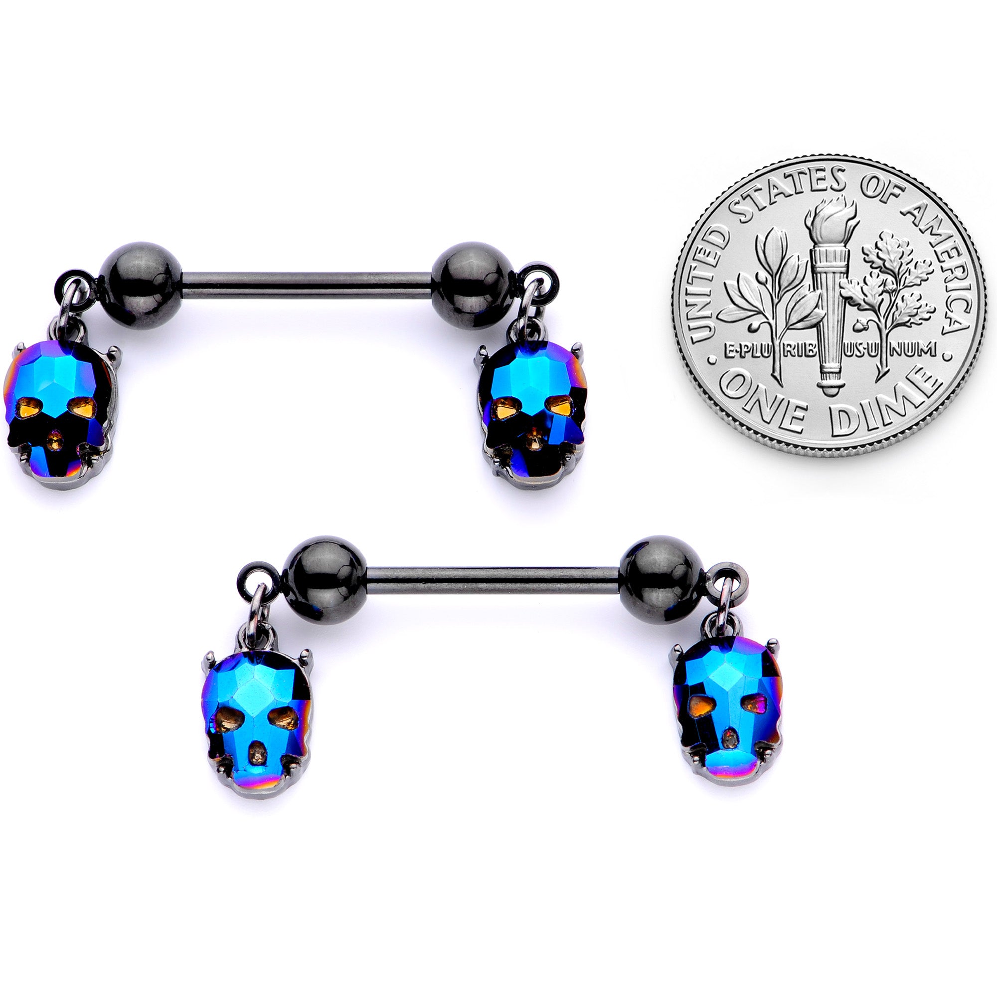 14G 9/16 Blue Gem Sugar Skull Halloween Dangle Nipple Ring Set