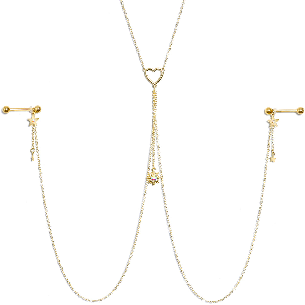 14G 5/8 Aurora Gem Gold Tone Sun Heart Star Nipple Chain Necklace