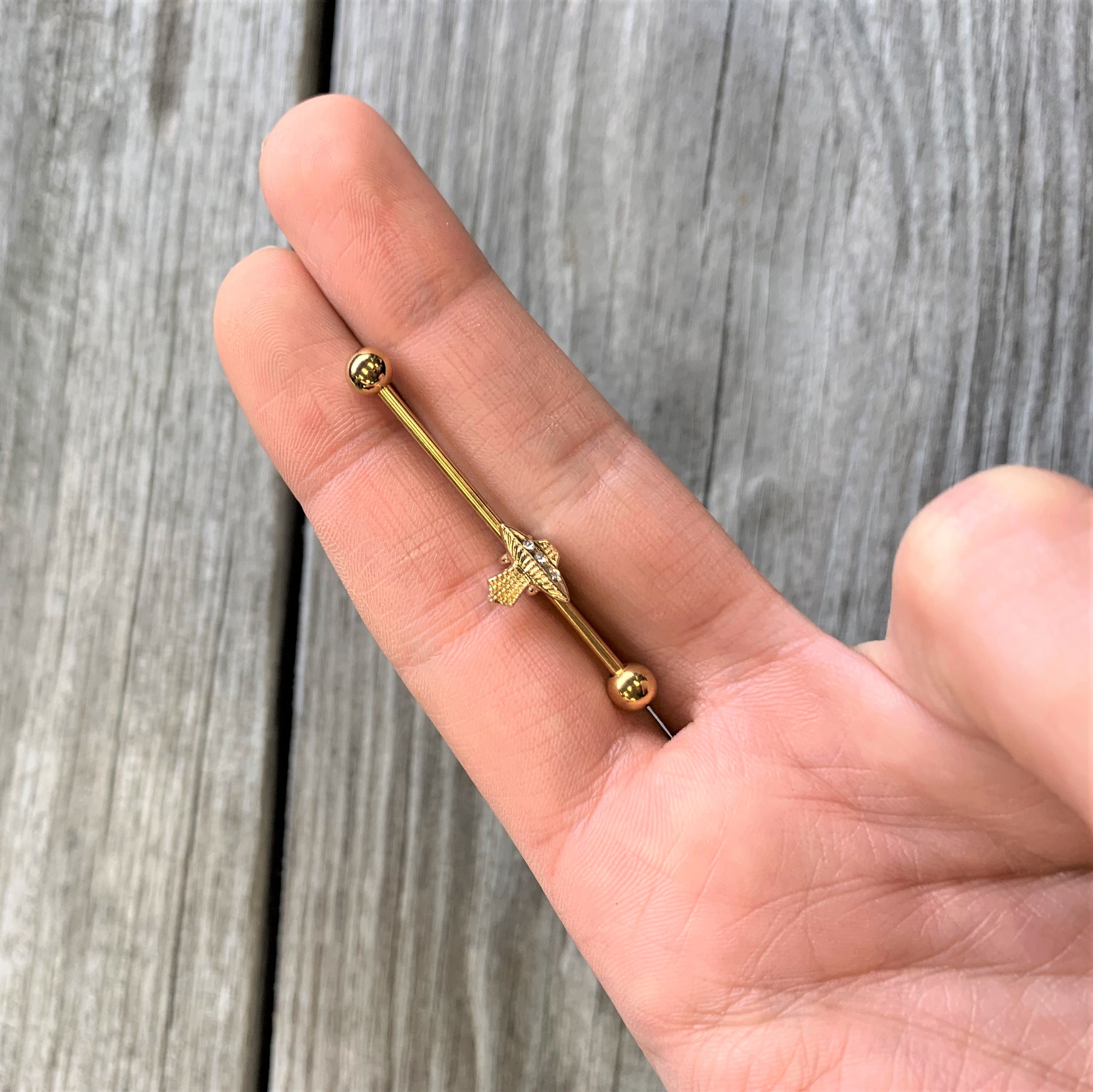 14G Clear Gem Gold Tone Alien UFO Beam Industrial Barbell 38mm