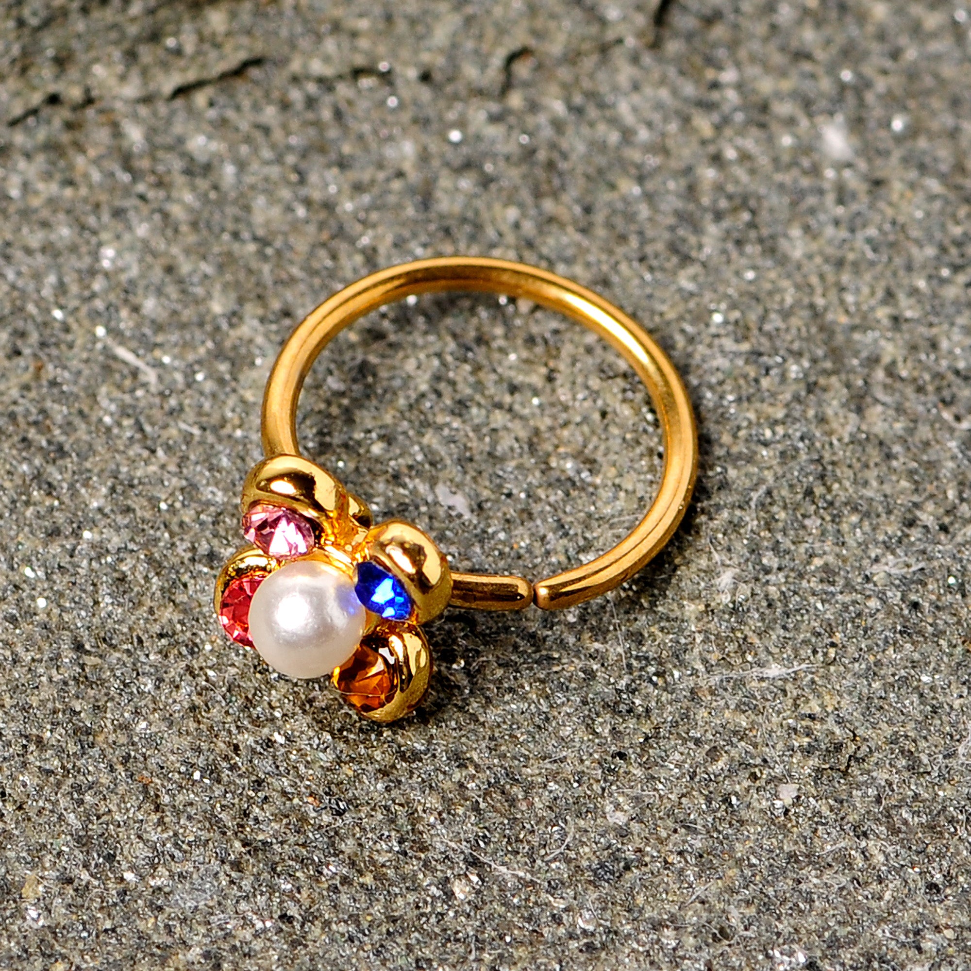 20G 5/16 Pink Blue Gem Gold Tone Flower Nose Hoop