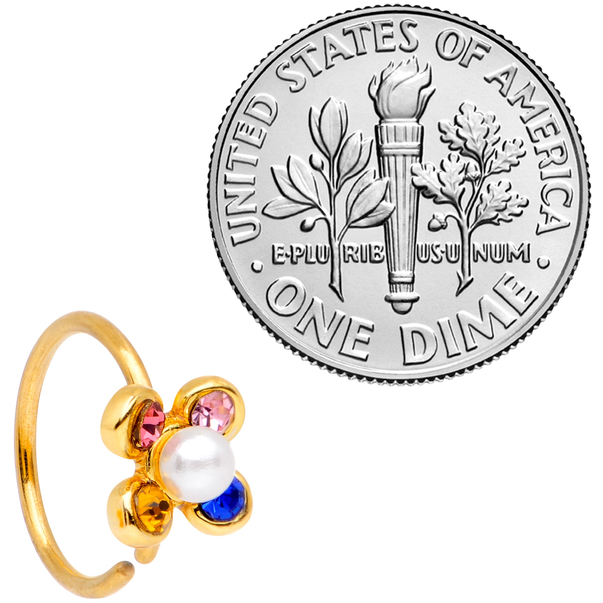 20G 5/16 Pink Blue Gem Gold Tone Flower Nose Hoop