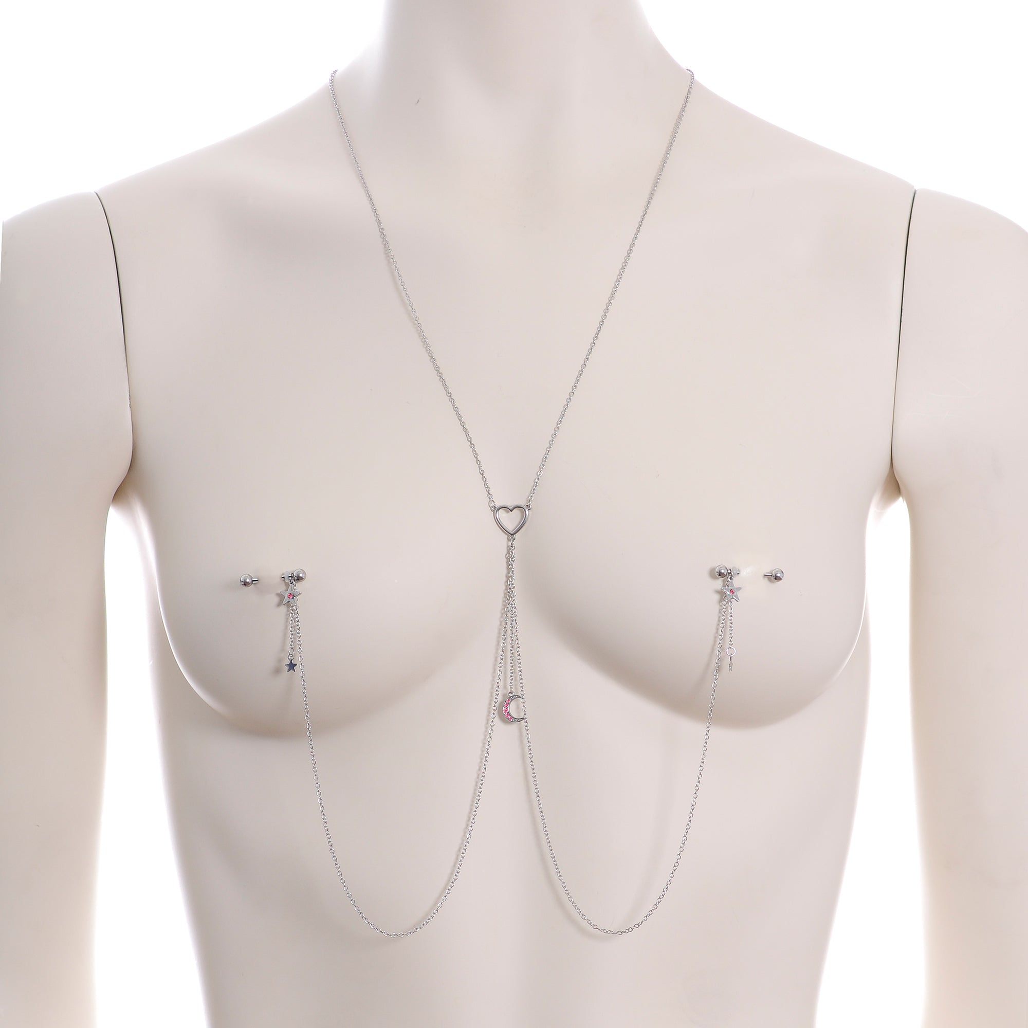 14 Gauge 5/8 Pink Gem Moon Heart Star Nipple Chain Necklace