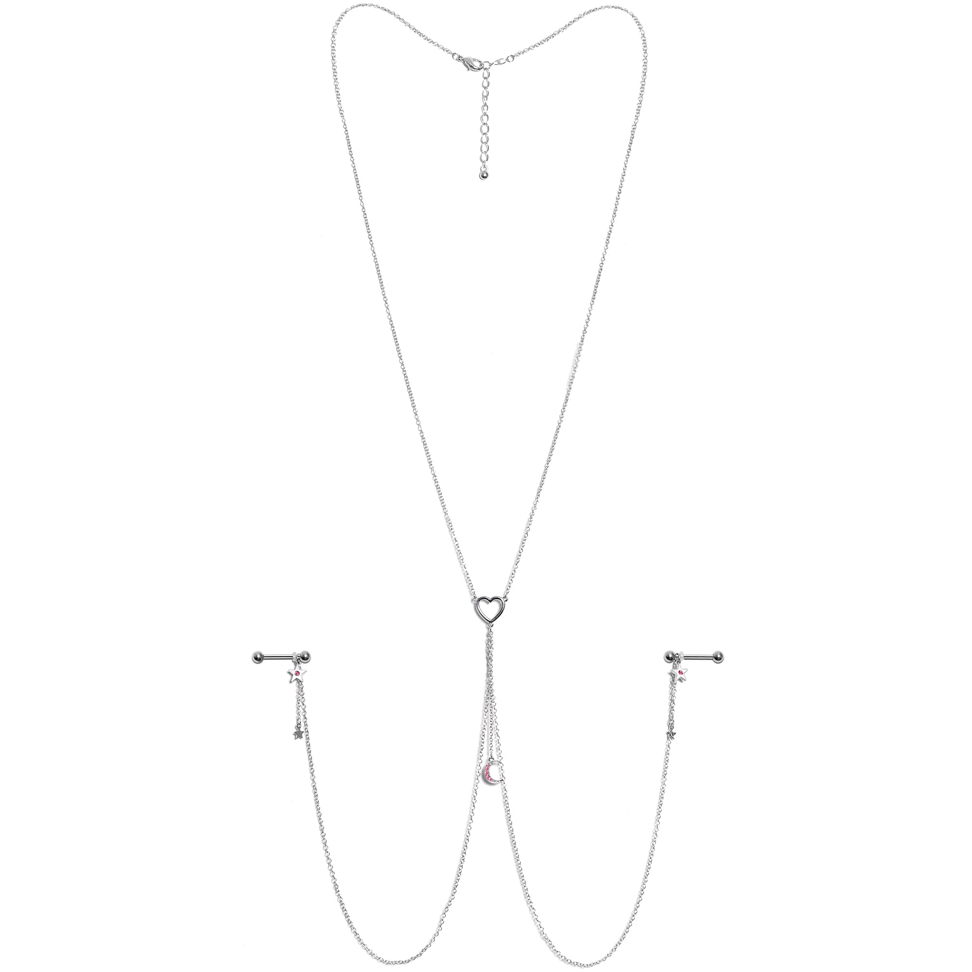 14 Gauge 5/8 Pink Gem Moon Heart Star Nipple Chain Necklace