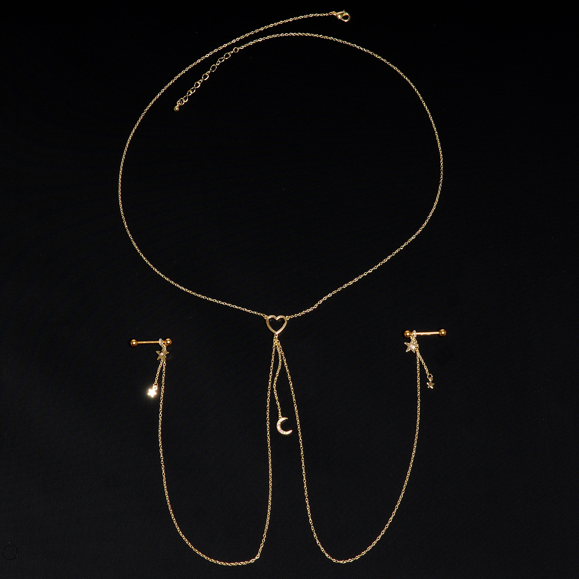 14G 5/8 Aurora Gem Gold Tone Heart Star Nipple Chain Necklace