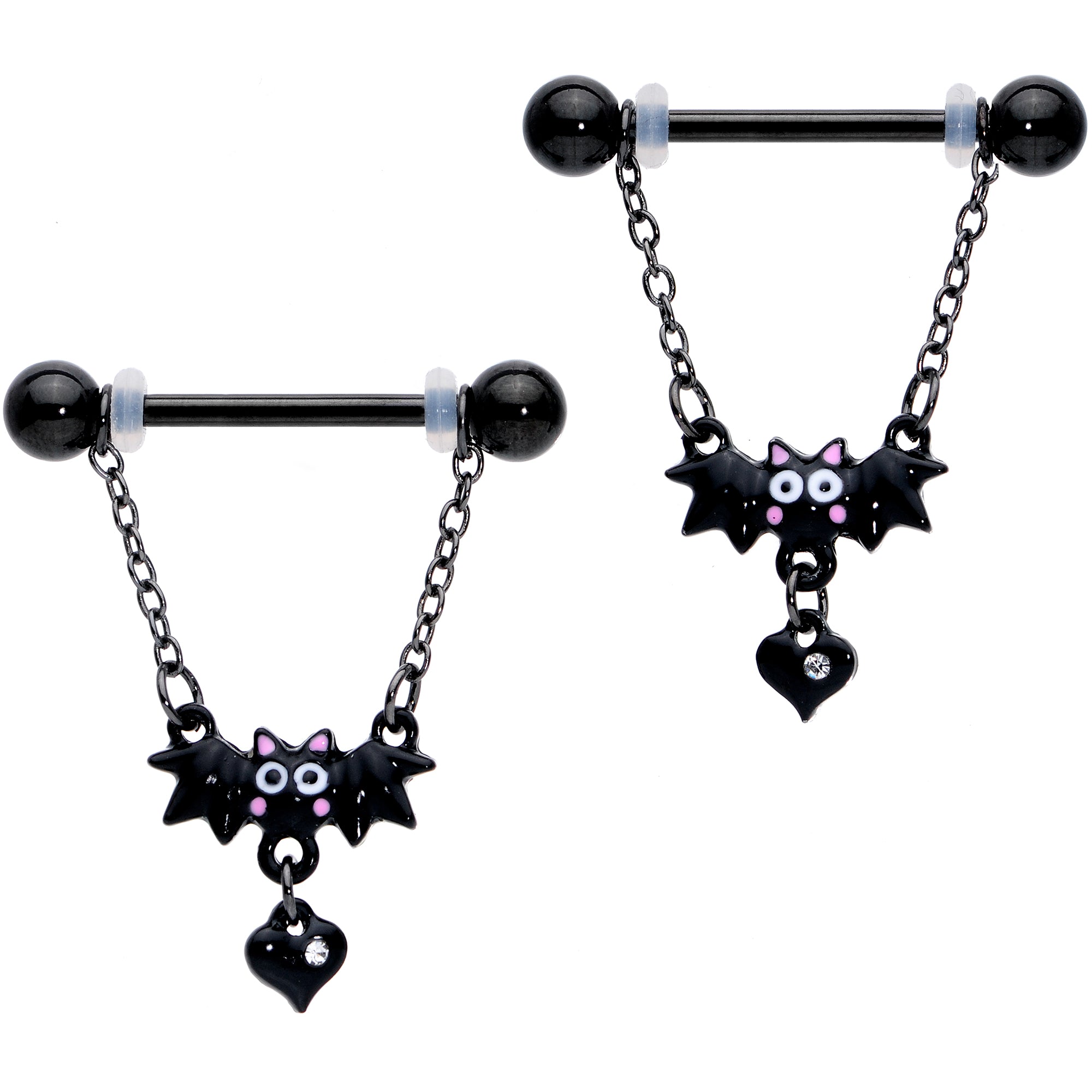14G 5/8 Clear Gem Black Bat Halloween Dangle Nipple Ring Set