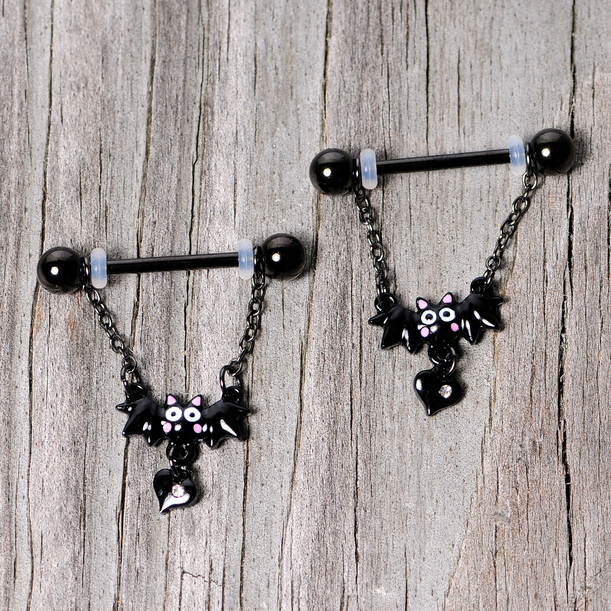 14G 5/8 Clear Gem Black Bat Halloween Dangle Nipple Ring Set