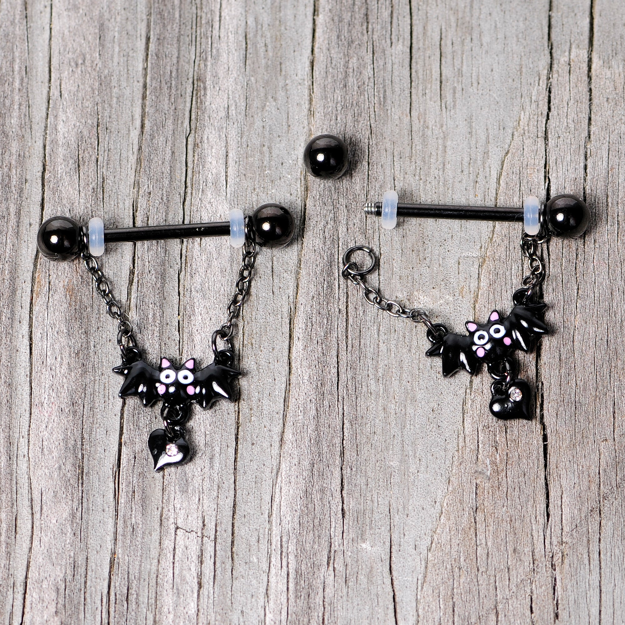14G 5/8 Clear Gem Black Bat Halloween Dangle Nipple Ring Set