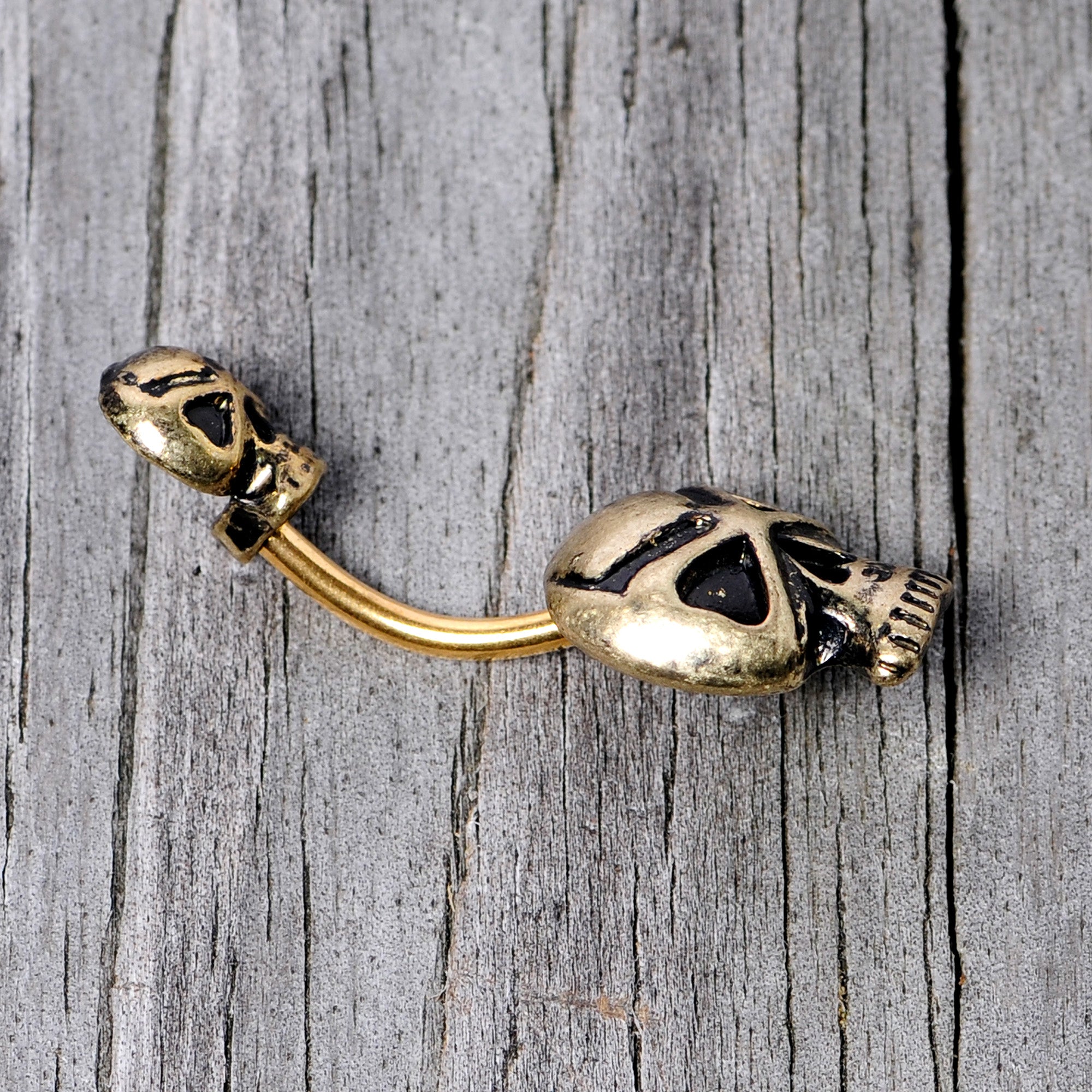 Gold Tone Scary Double Skull Halloween Double Mount Belly Ring