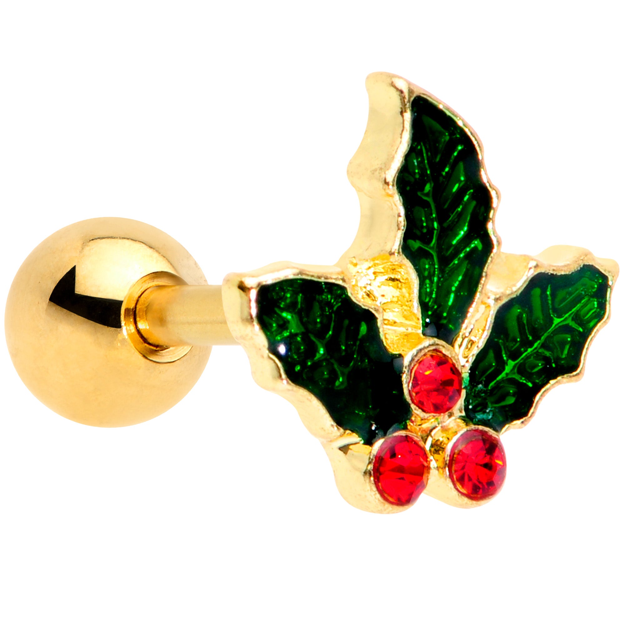 16G 1/4 Red Gem Gold Tone Mistletoe Christmas Cartilage Tragus