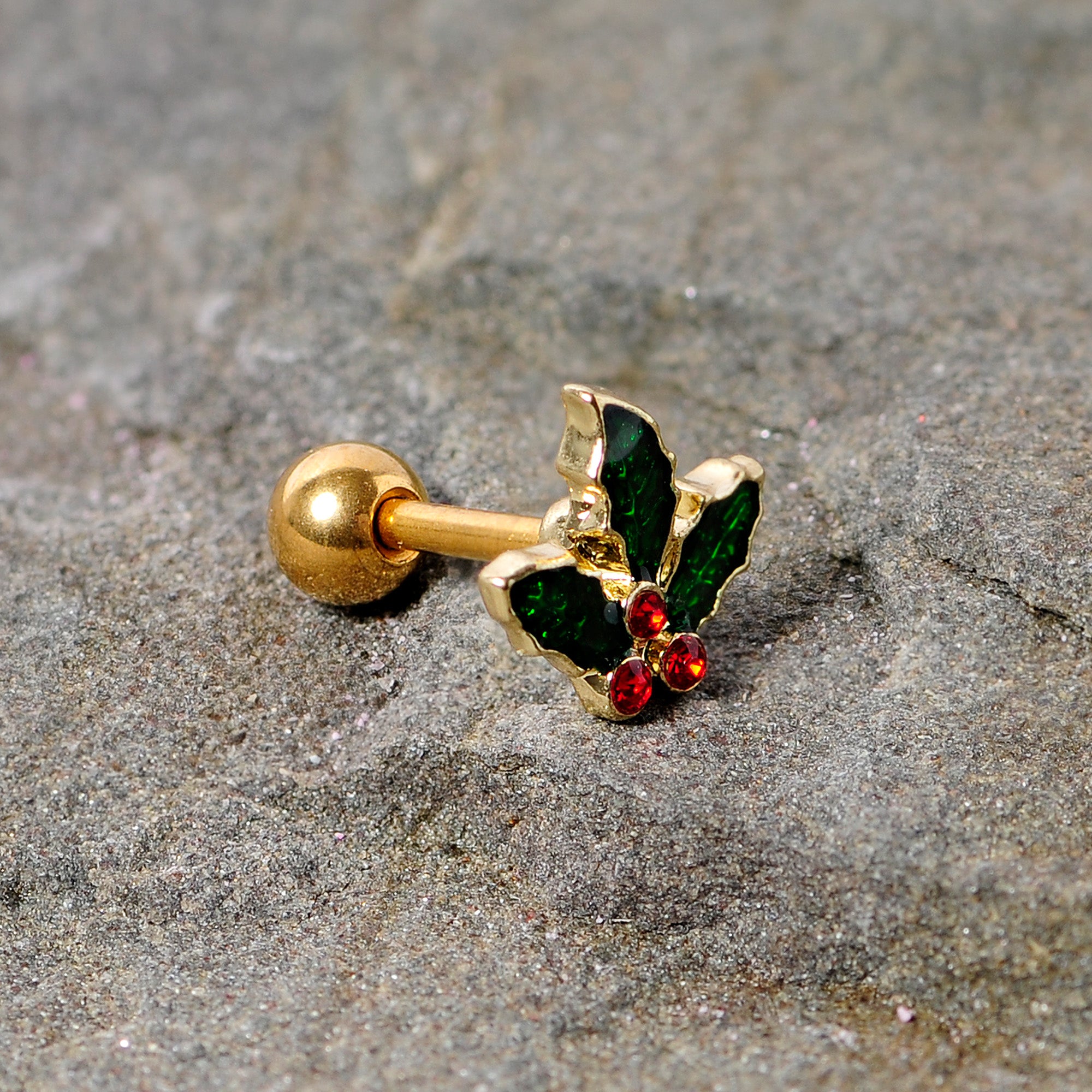 16G 1/4 Red Gem Gold Tone Mistletoe Christmas Cartilage Tragus