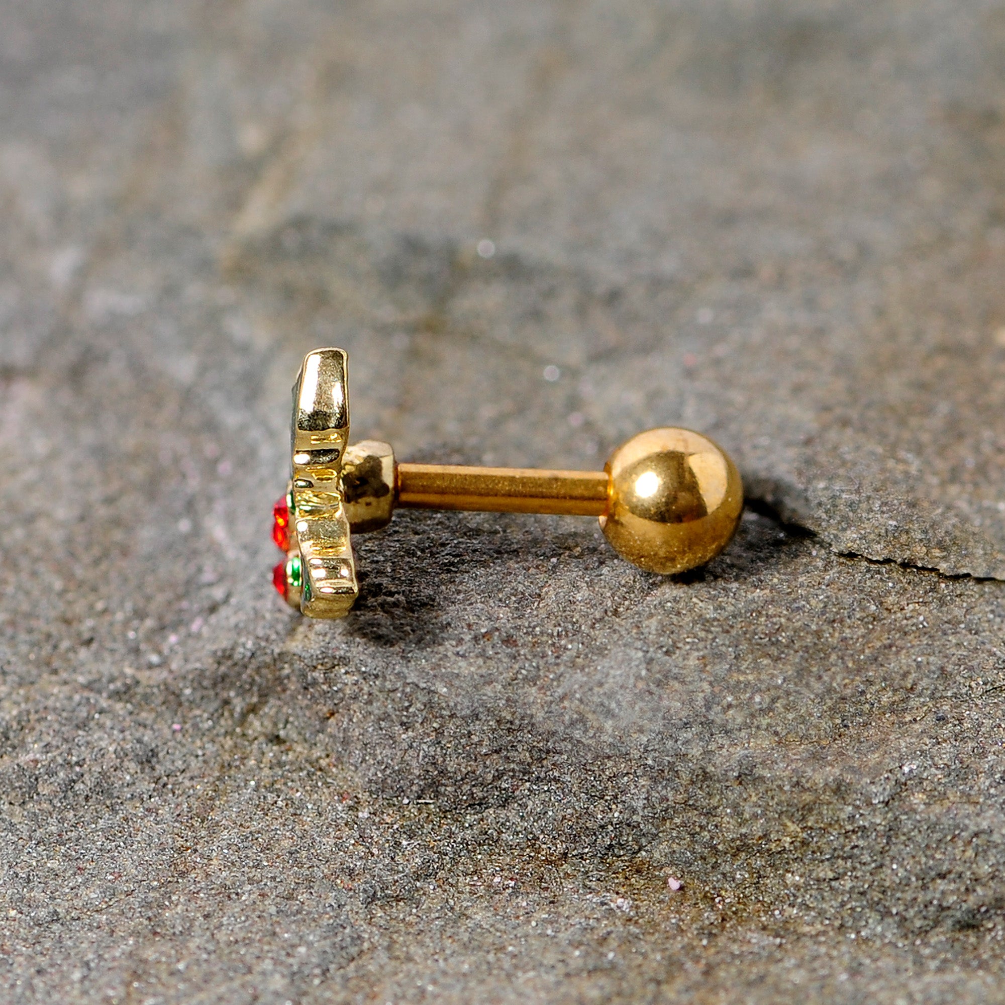 16G 1/4 Red Gem Gold Tone Mistletoe Christmas Cartilage Tragus