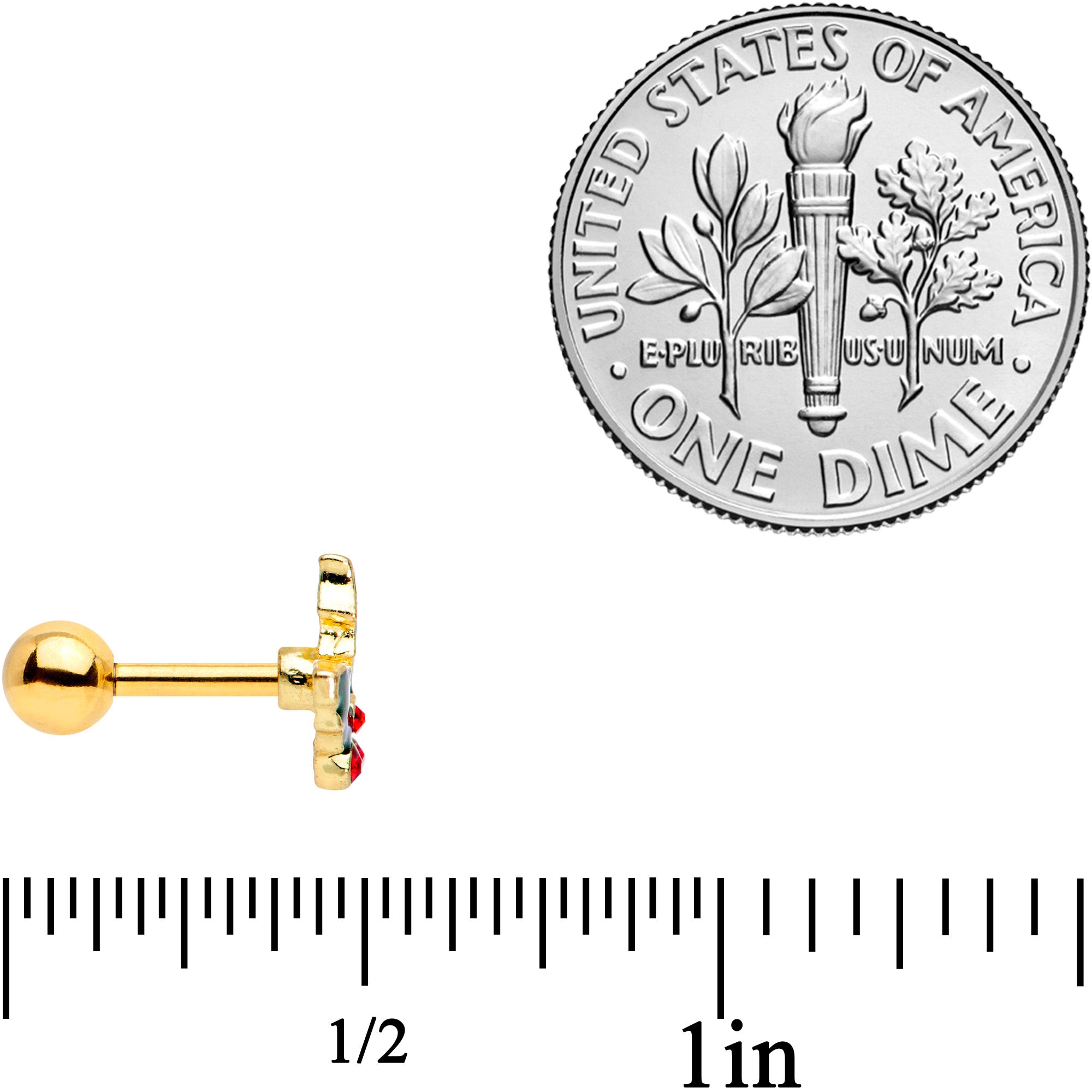 16G 1/4 Red Gem Gold Tone Mistletoe Christmas Cartilage Tragus