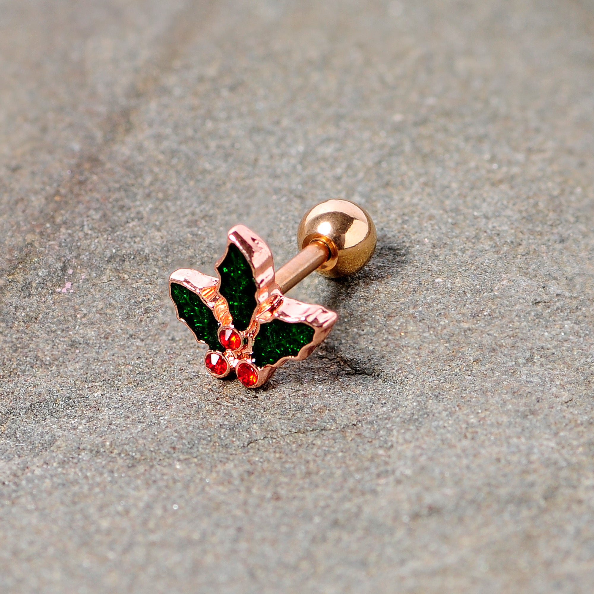 16G 1/4 Red Gem Rose Tone Mistletoe Christmas Cartilage Tragus