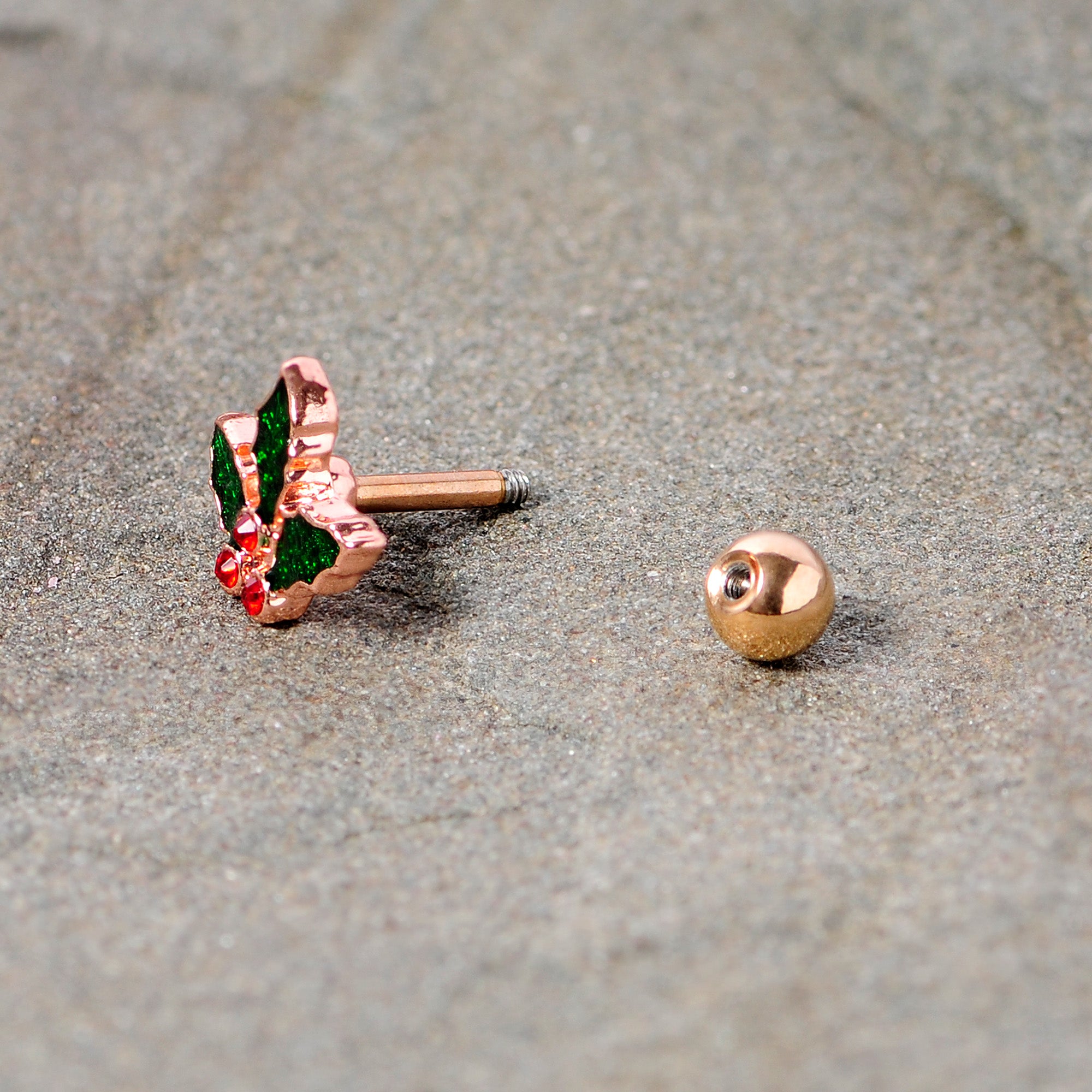 16G 1/4 Red Gem Rose Tone Mistletoe Christmas Cartilage Tragus