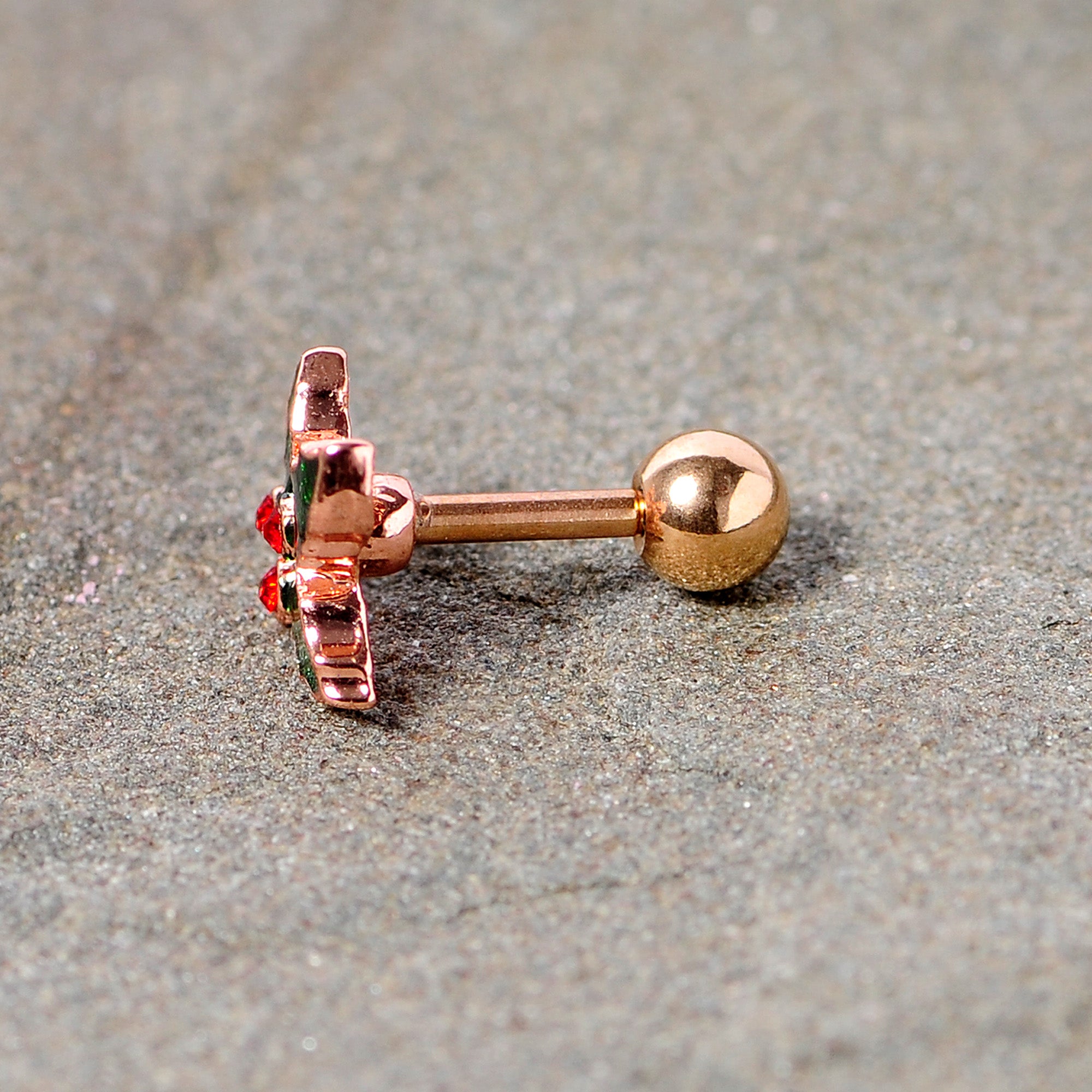 16G 1/4 Red Gem Rose Tone Mistletoe Christmas Cartilage Tragus