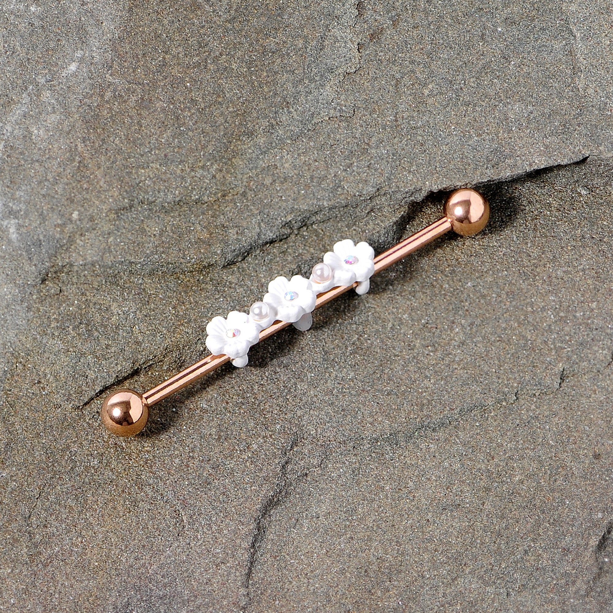 14G Aurora Gem Rose Gold Tone Flower Industrial Barbell 38mm