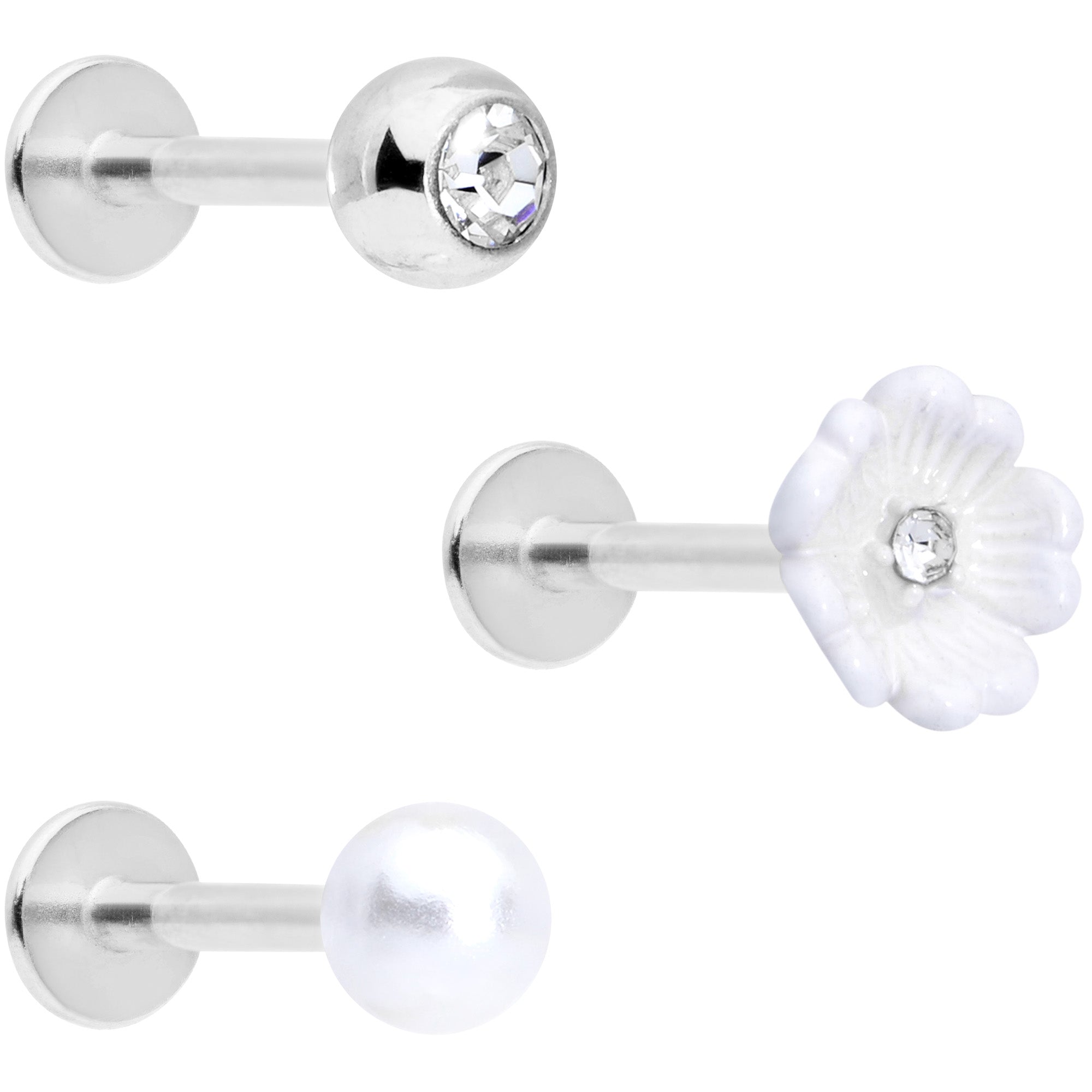 16G 5/16 Clear Gem Flower Labret Tragus Set of 3