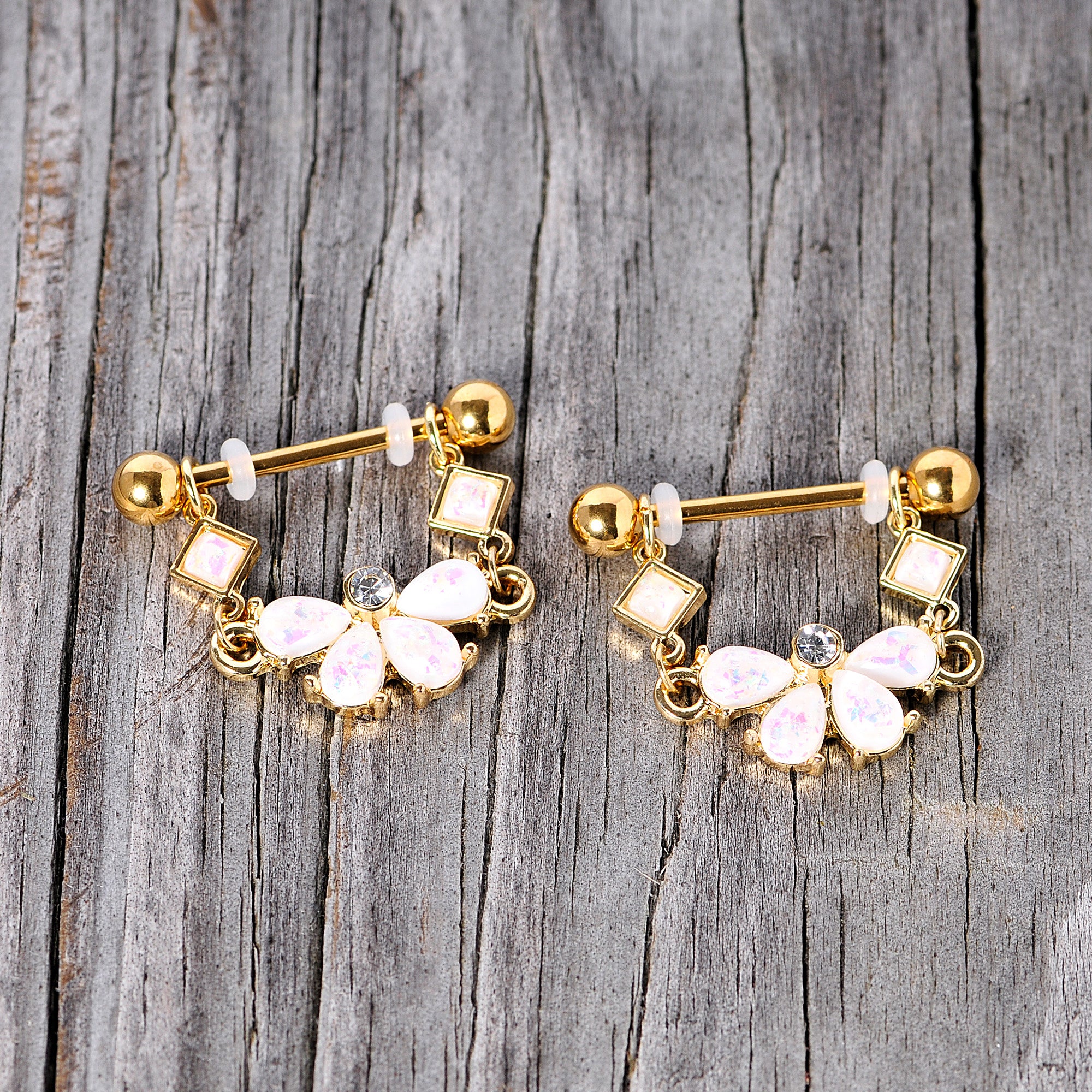 14G 5/8 White Faux Opal Gold Tone Bow Dangle Nipple Ring Set