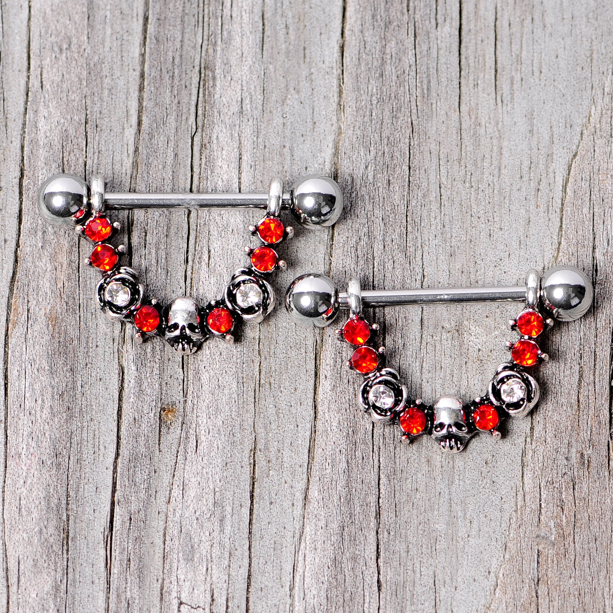 14G 5/8 Red Clear Gem Halloween Skull Rose Dangle Nipple Ring Set