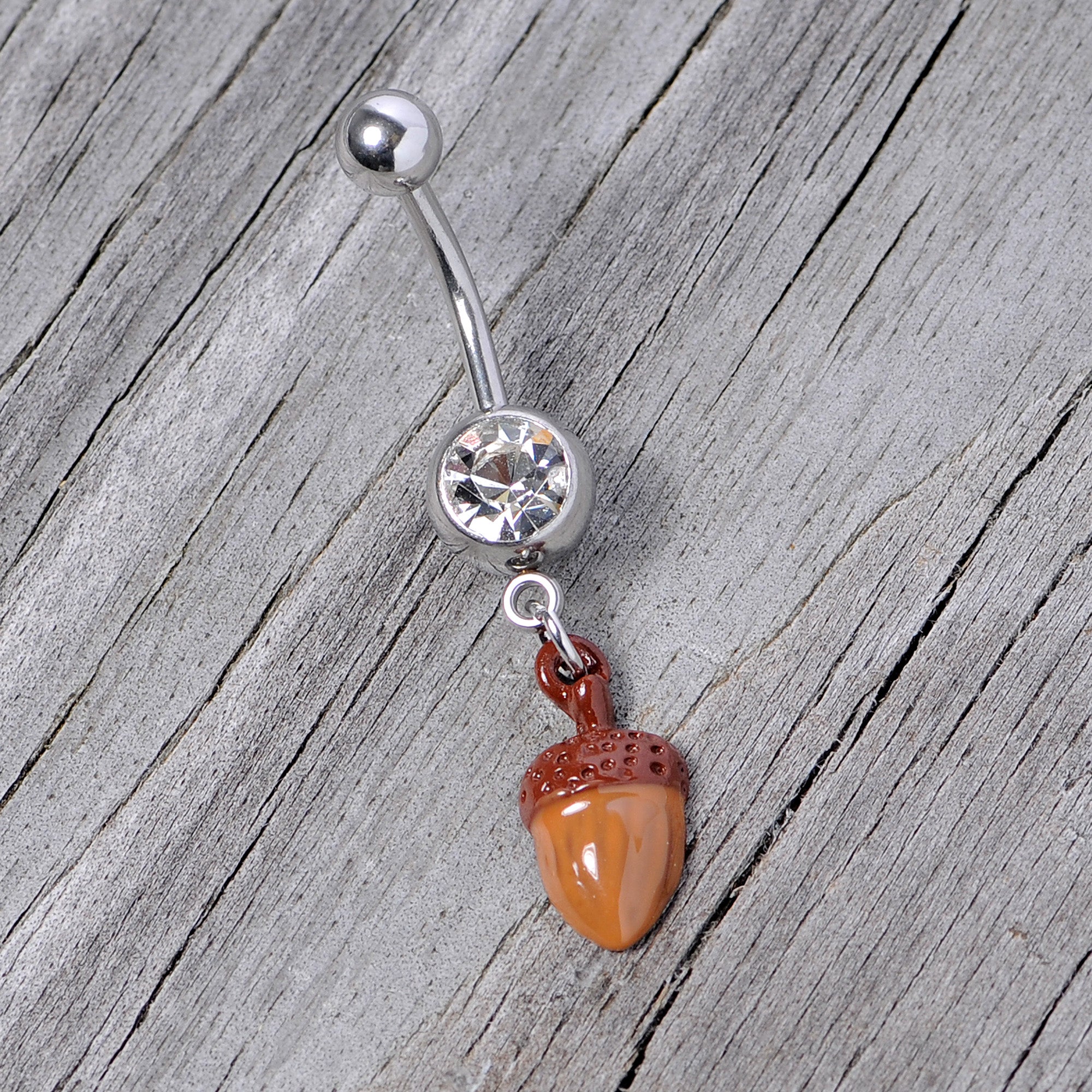 Clear Gem Brown Autumn Acorn Dangle Belly Ring