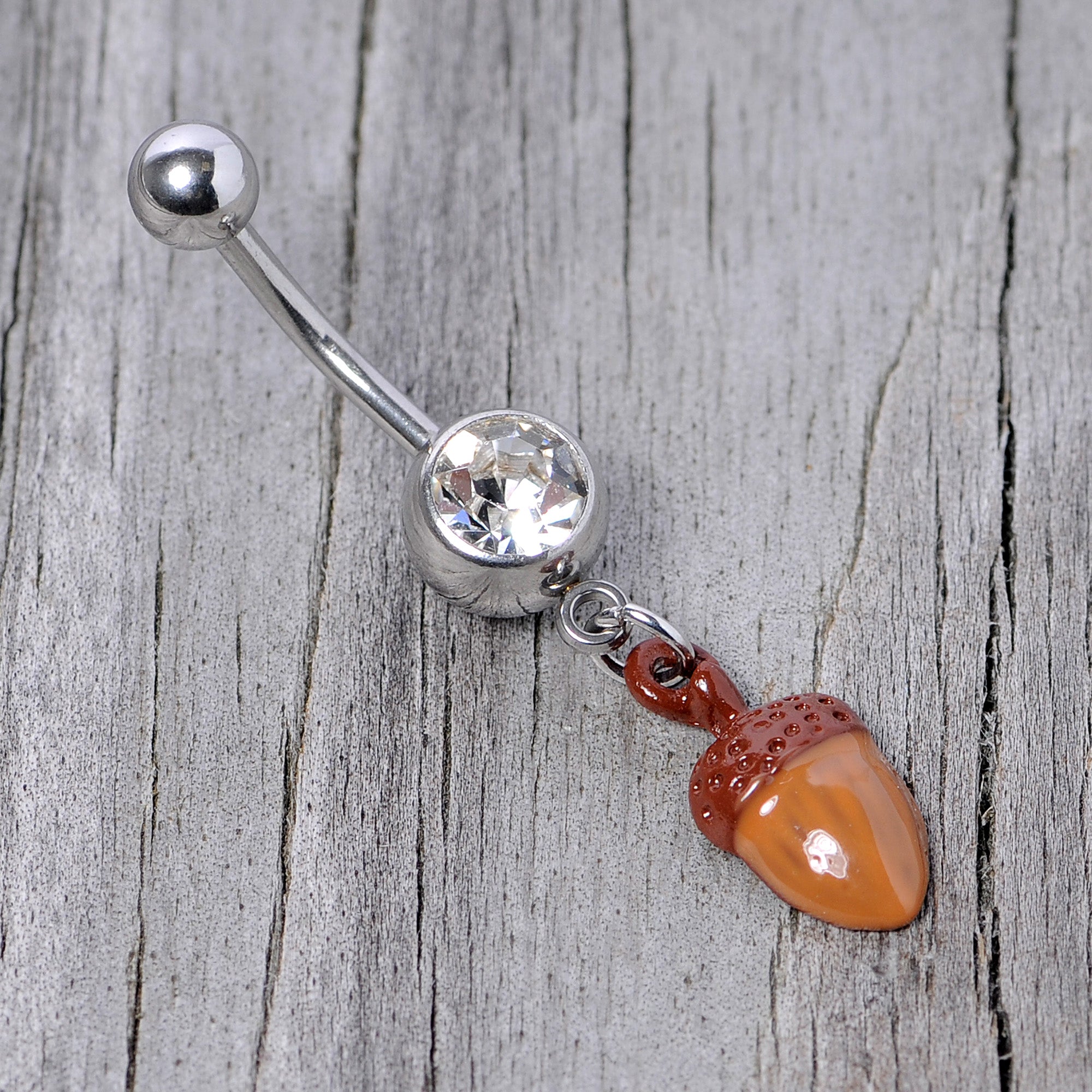 Clear Gem Brown Autumn Acorn Dangle Belly Ring