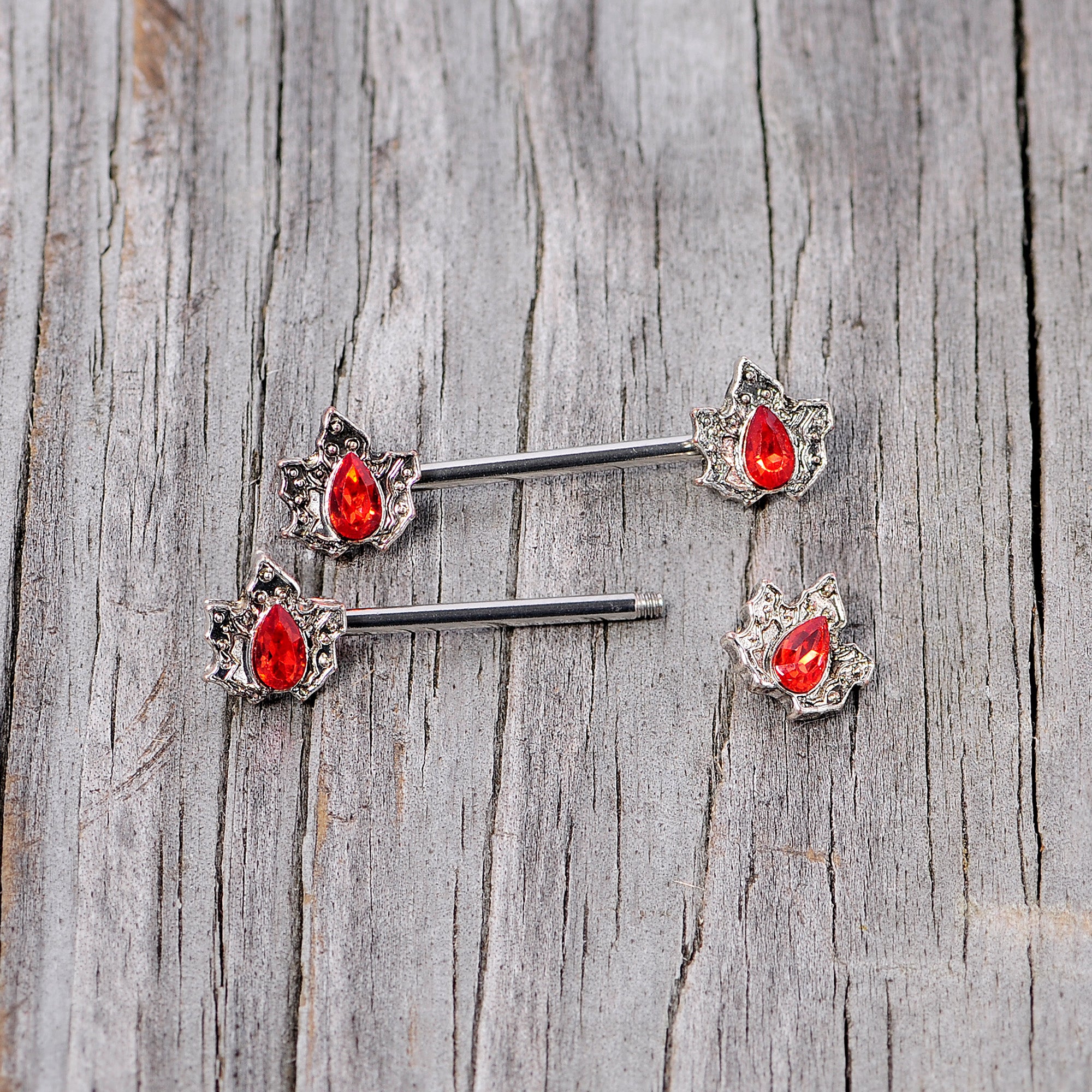 14G 5/8 Red Gem Holly Leaf Holiday Barbell Nipple Ring Set