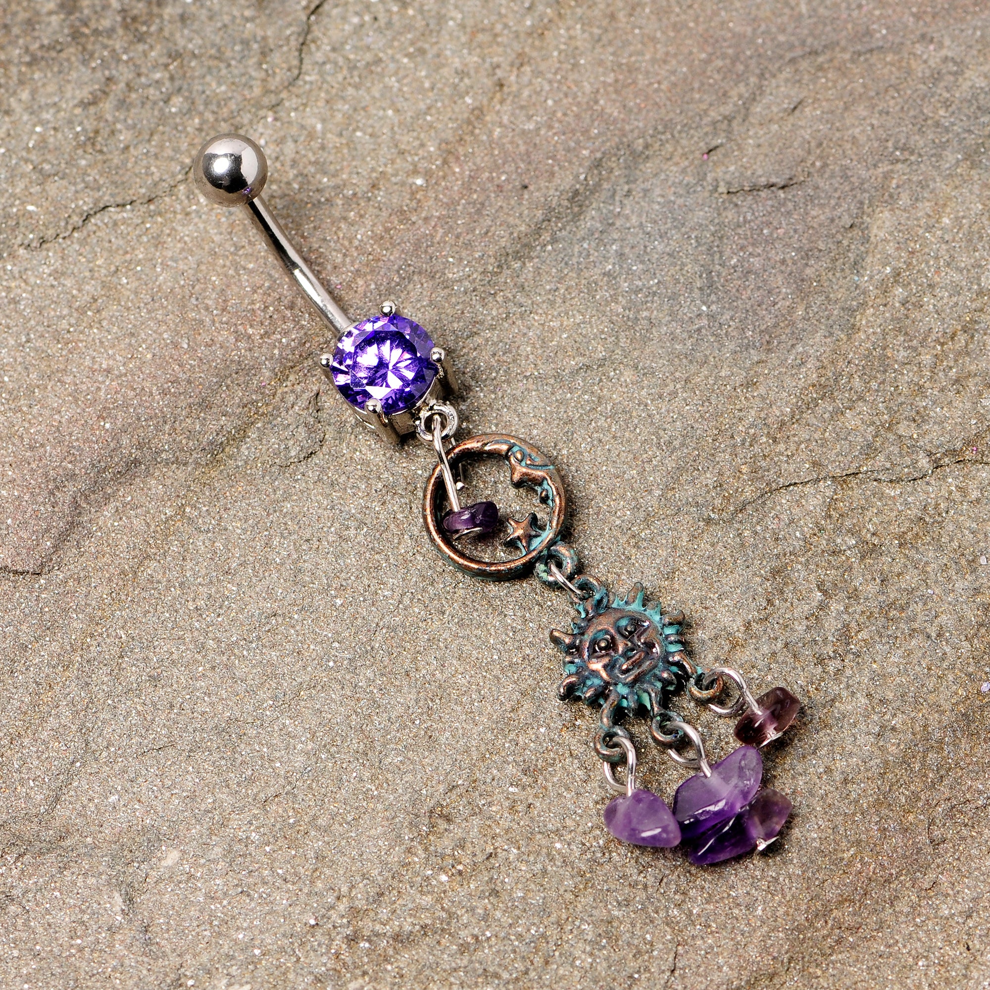 Purple Gem Solstice Sun Moon Dangle Belly Ring