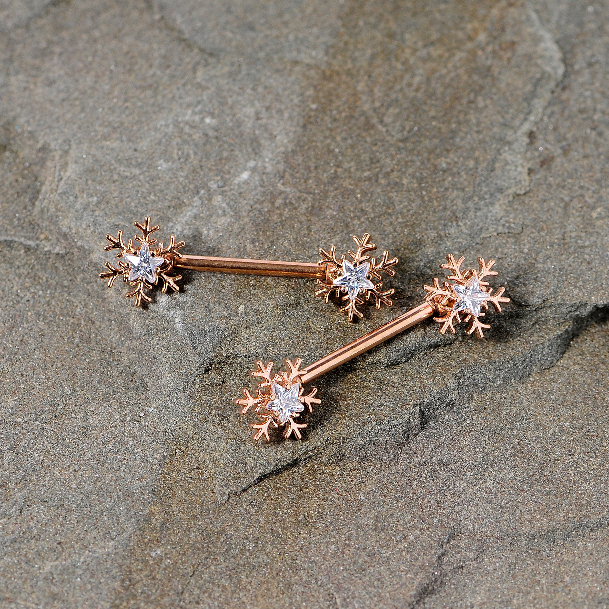 14G 5/8 Clear Gem Rose Gold Hue Snowflake Barbell Nipple Ring Set