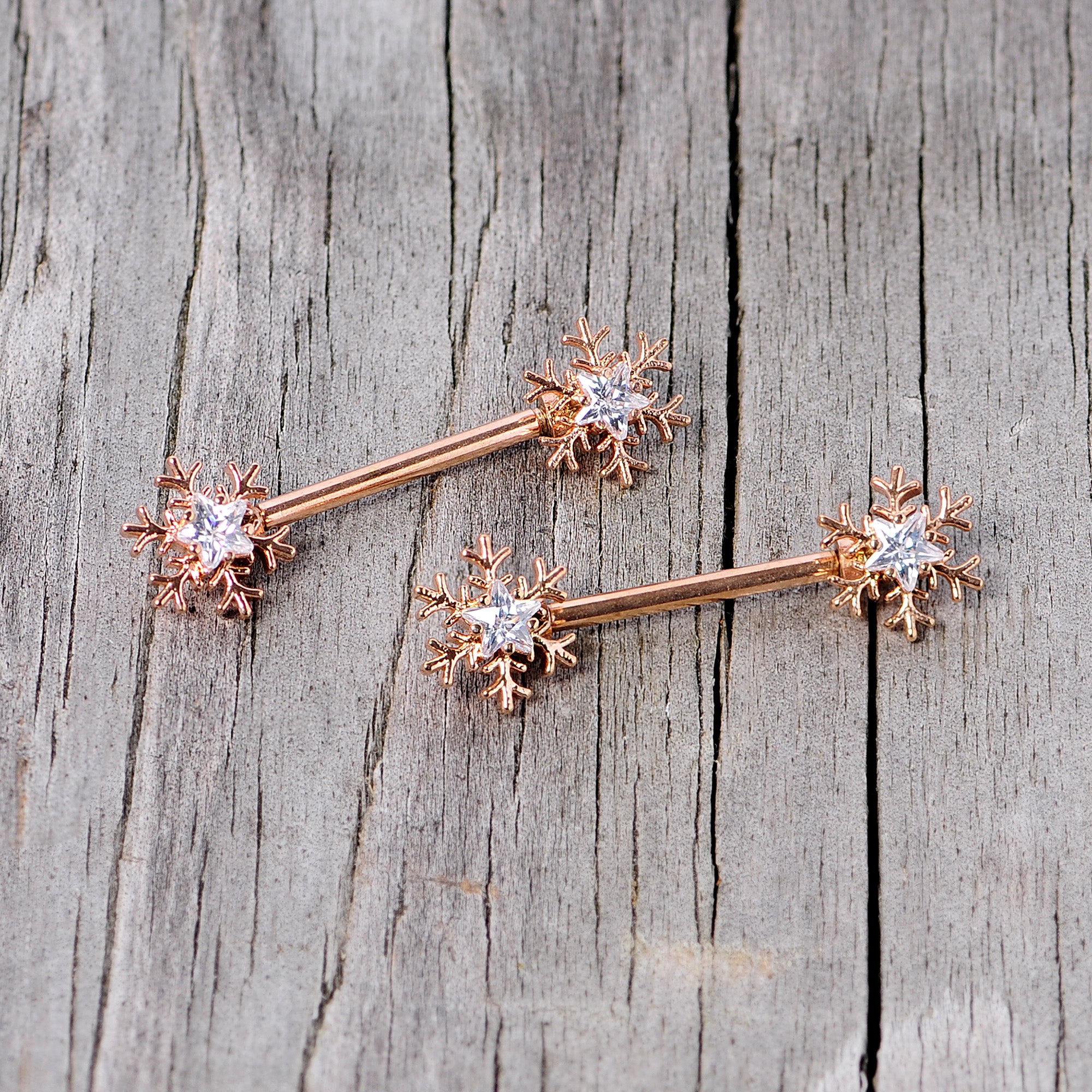 14 Gauge 5/8 Clear Gem Rose Gold Hue Snowflake Barbell Nipple Ring Set